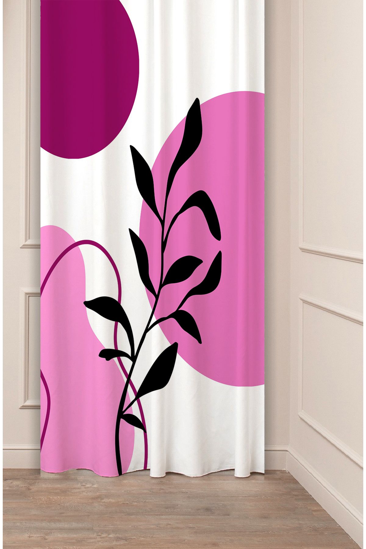 GREENDECOR Yaprak Grafik Bohem Minimalist Bej Krem Desenli Özel Tasarım Dijital Baskılı (Tek Kanat) Fon Perde