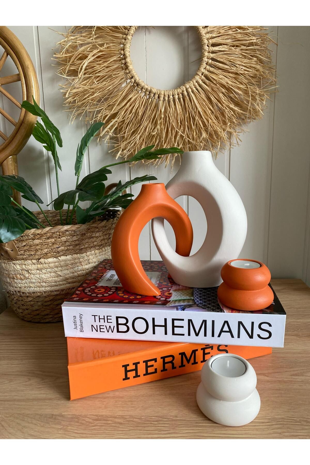 Porselian Sarmaşık Sevgili Bohem Vazo ve Mumluk Set 4lü Set