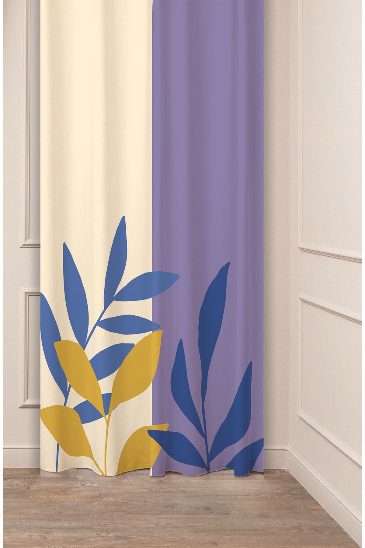 GREENDECOR Yaprak Bohem Minimalist Bej Krem Desenli Özel Tasarım Dijital Baskılı (Tek Kanat) Şık Fon Perde