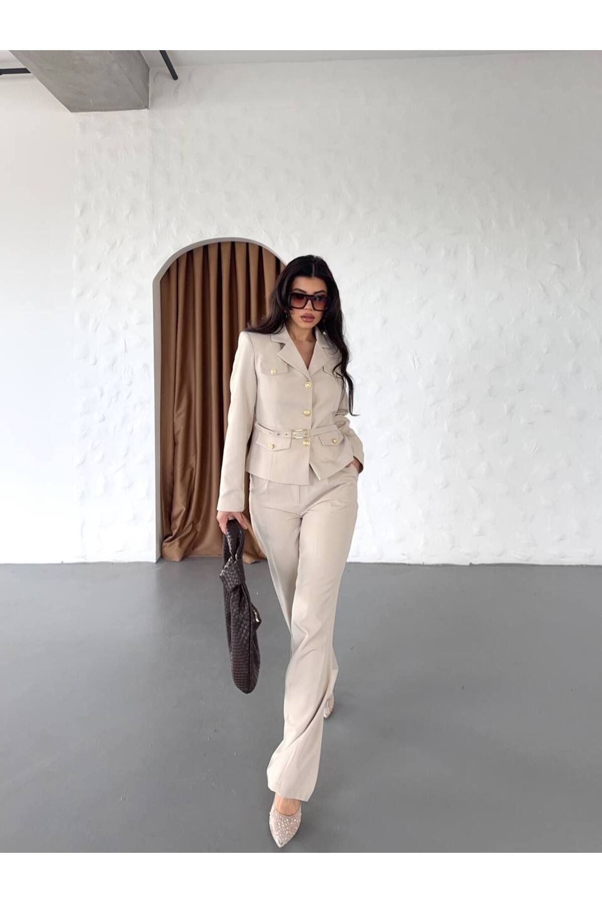 MVK GİYİM Kemerli Gold Düğmeli Ceket Pantolon Takım