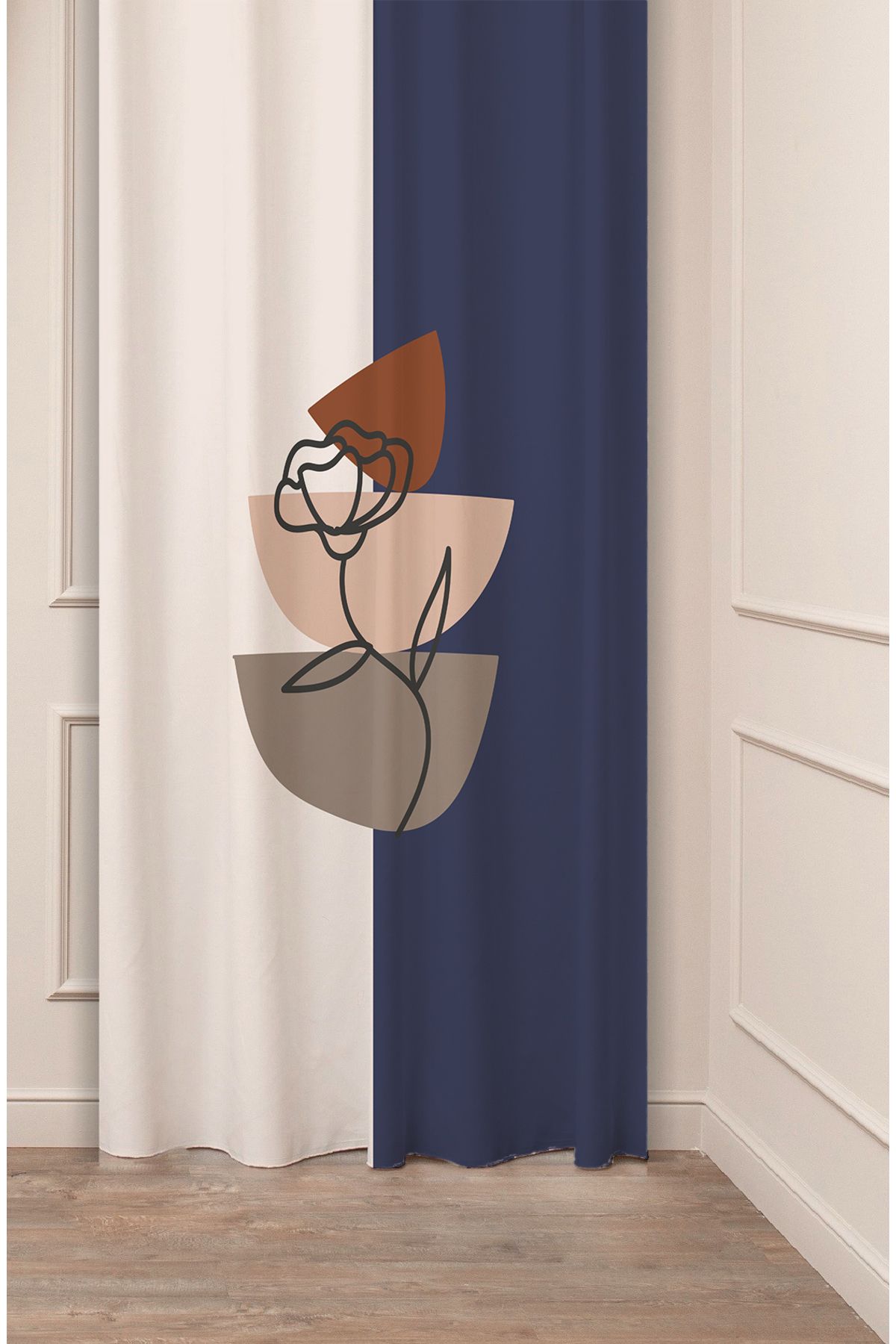 GREENDECOR Yaprak Grafik Bohem Minimalist Bej Krem Desenli Özel Tasarım Dijital Baskılı (Tek Kanat) Fon Perde
