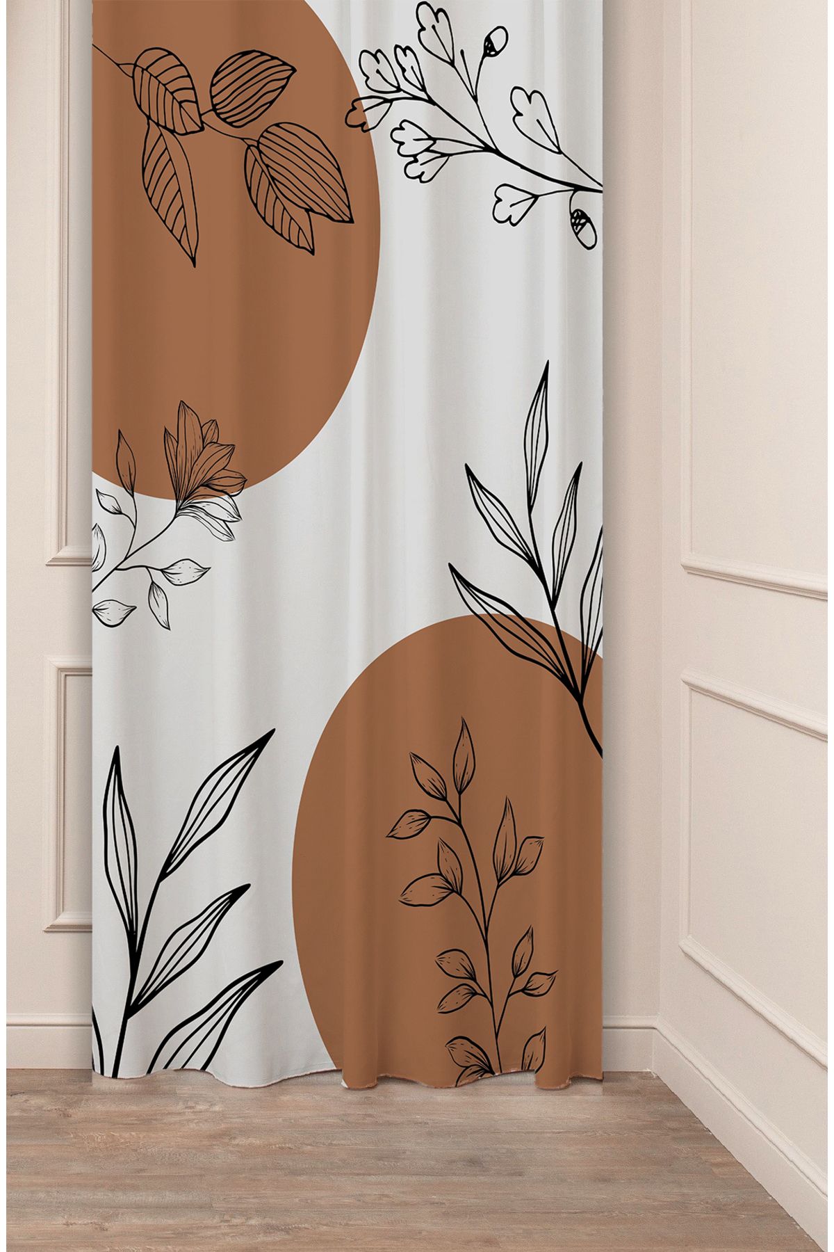 GREENDECOR Yaprak Grafik Bohem Minimalist Bej Krem Desenli Özel Tasarım Dijital Baskılı (Tek Kanat) Fon Perde