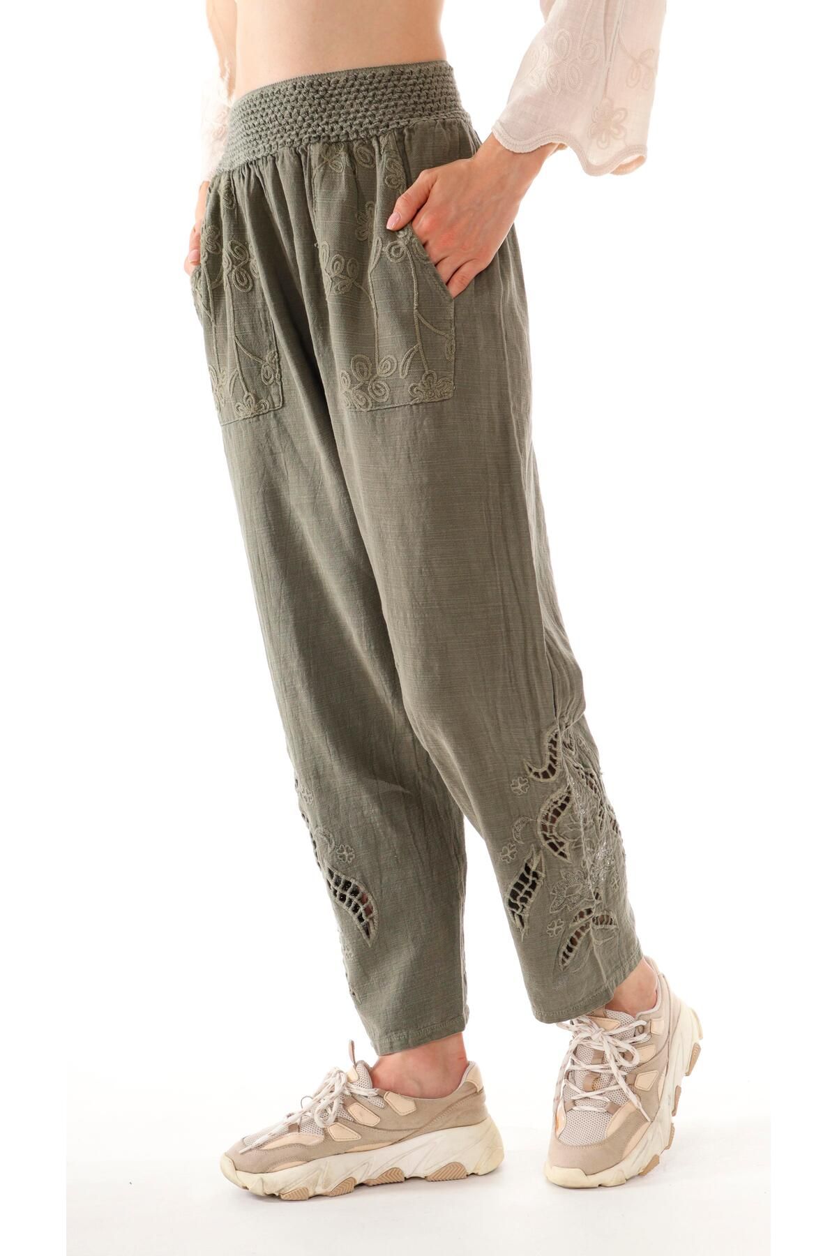 shE tekstil Nakışlı Paça Pantolon Haki