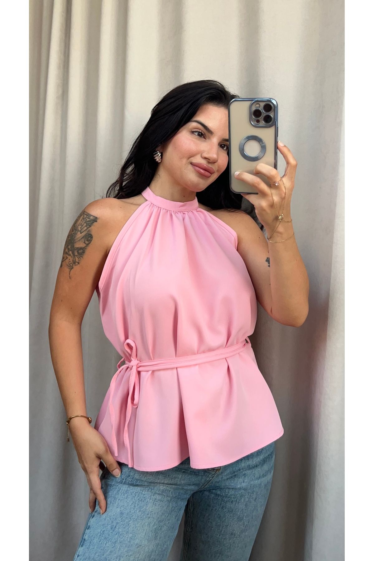 Butik PEMBE İP KEMERLİ KOLSUZ BLUZ
