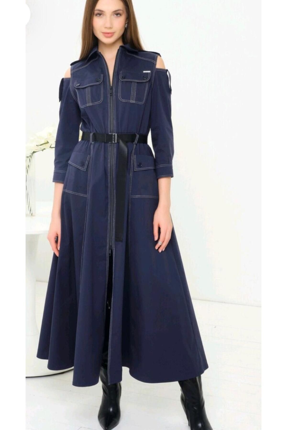 UNTIMELY Önden Fermuarlı & Utility Detaylı Indigo Denim Maxi Şık Elbise