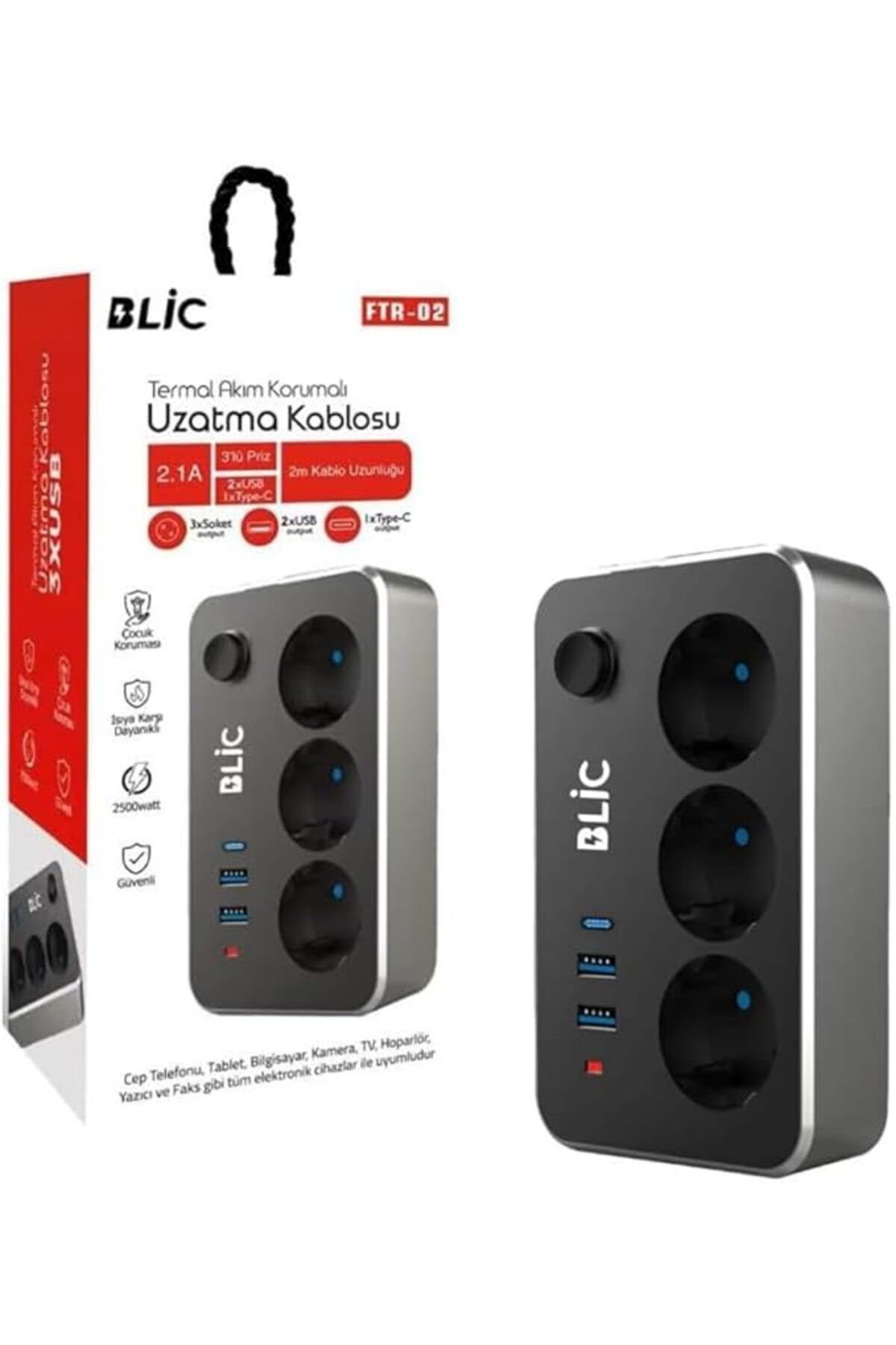 ShopZum Akım Korumalı Priz, 3X Priz Soketi, 2X Usb Girişi, 1X Type-C Girişi, Tasarruflu Uzatma Kablosu
