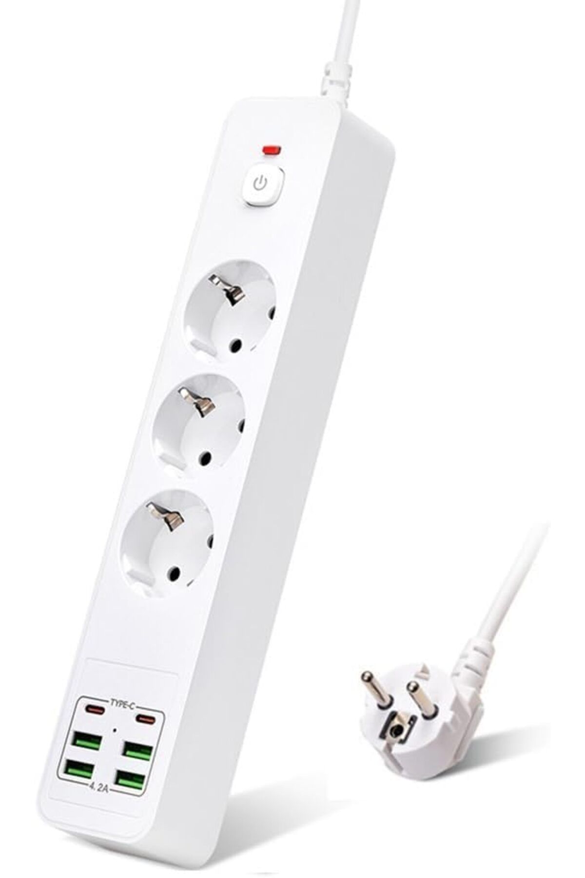 ShopZum H-01 Hızlı Şarj İstasyonu 3000W 3 Lü Priz 2 Metre Uzatma Kablosu Çoklu Priz 4 Usb 2 Type C Girişli