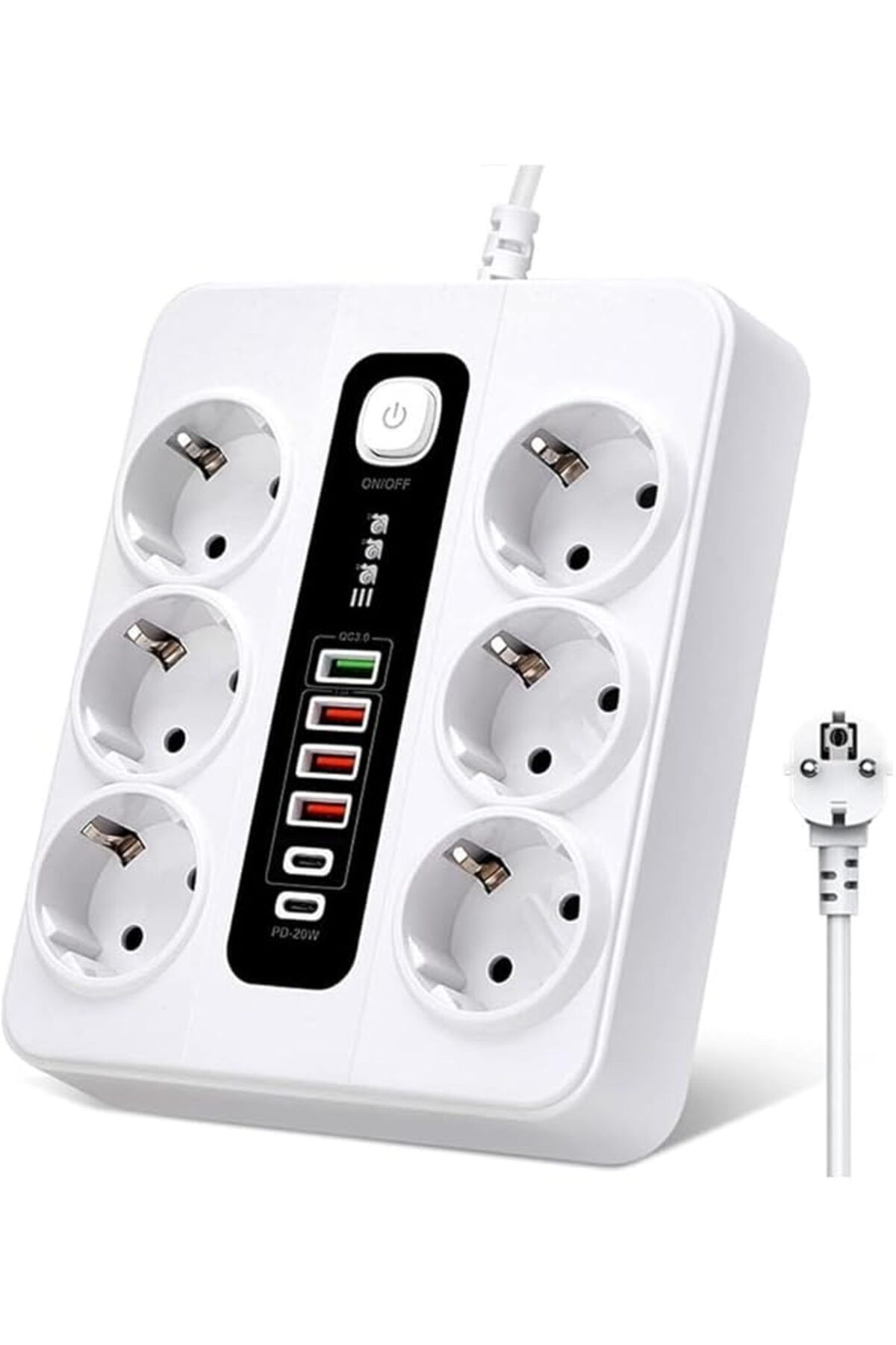ShopZum Hp-H04 Termal Akım Korumalı 3000W 3.6 Amper 6 Lı Priz 2 Metre Uzatma Kablosu Çoklu Priz 4 Usb 2 Typ