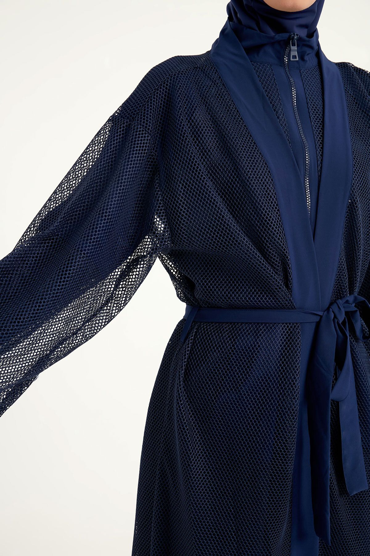 Marina-Full Length Navy Blue Tulle Kimono – Cool Holding Belted Mesh Pareo P2501-2 7