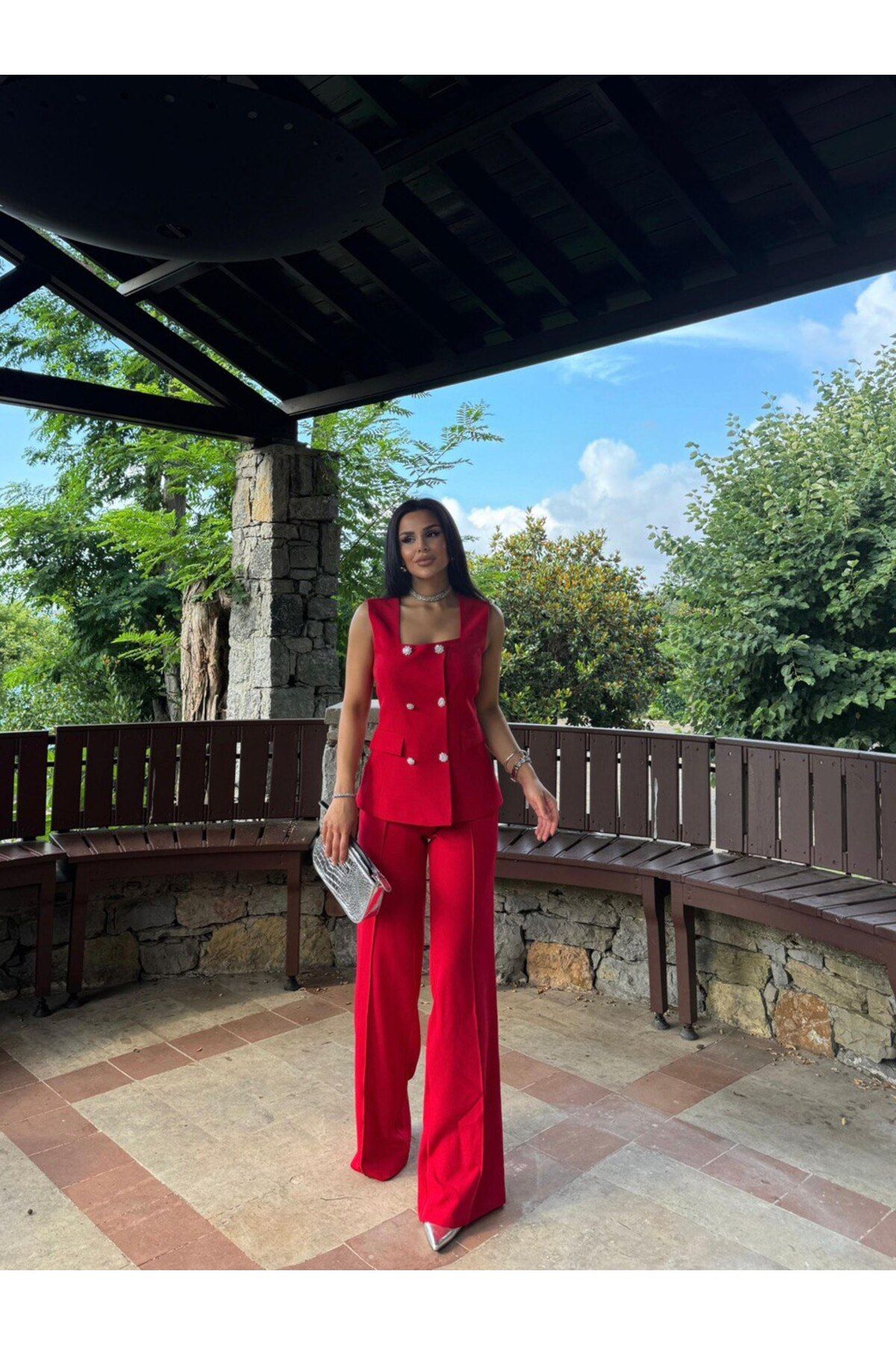 MVK GİYİM Düğmeli Kare Yaka Yelek Pantolon Takım