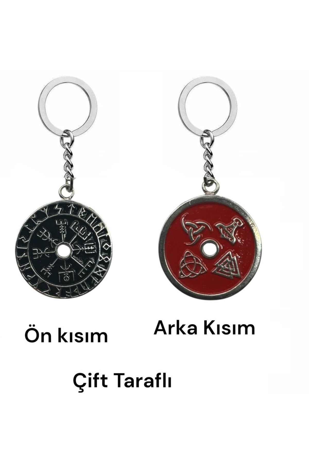 Herşey Nota Viking Pusulası Siyah & Kırmızı Çift Taraflı Unisex Anahtarlık – Koruma ve Yol Gösterici Tasarım