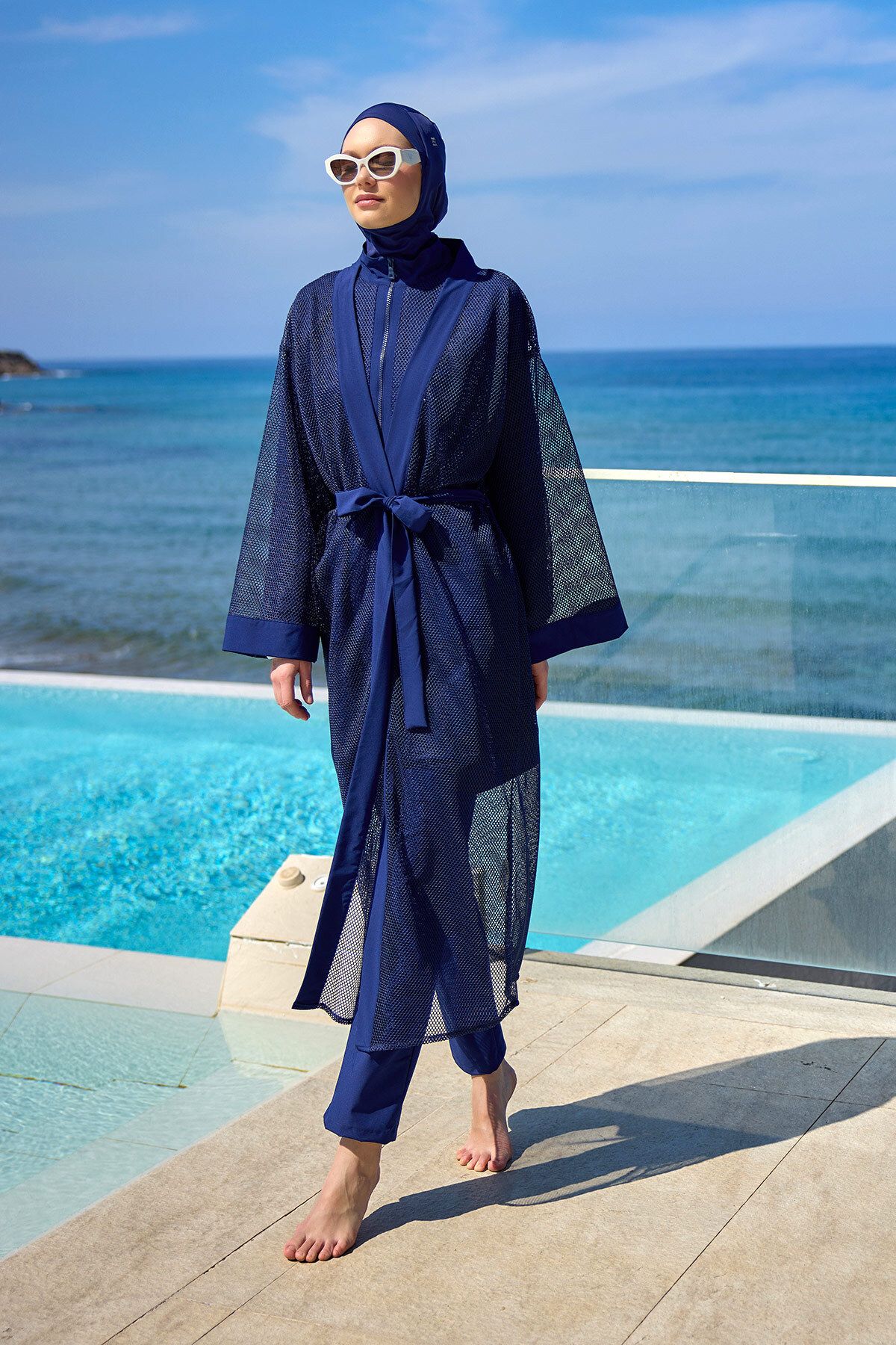 Marina-Full Length Navy Blue Tulle Kimono – Cool Holding Belted Mesh Pareo P2501-2 2
