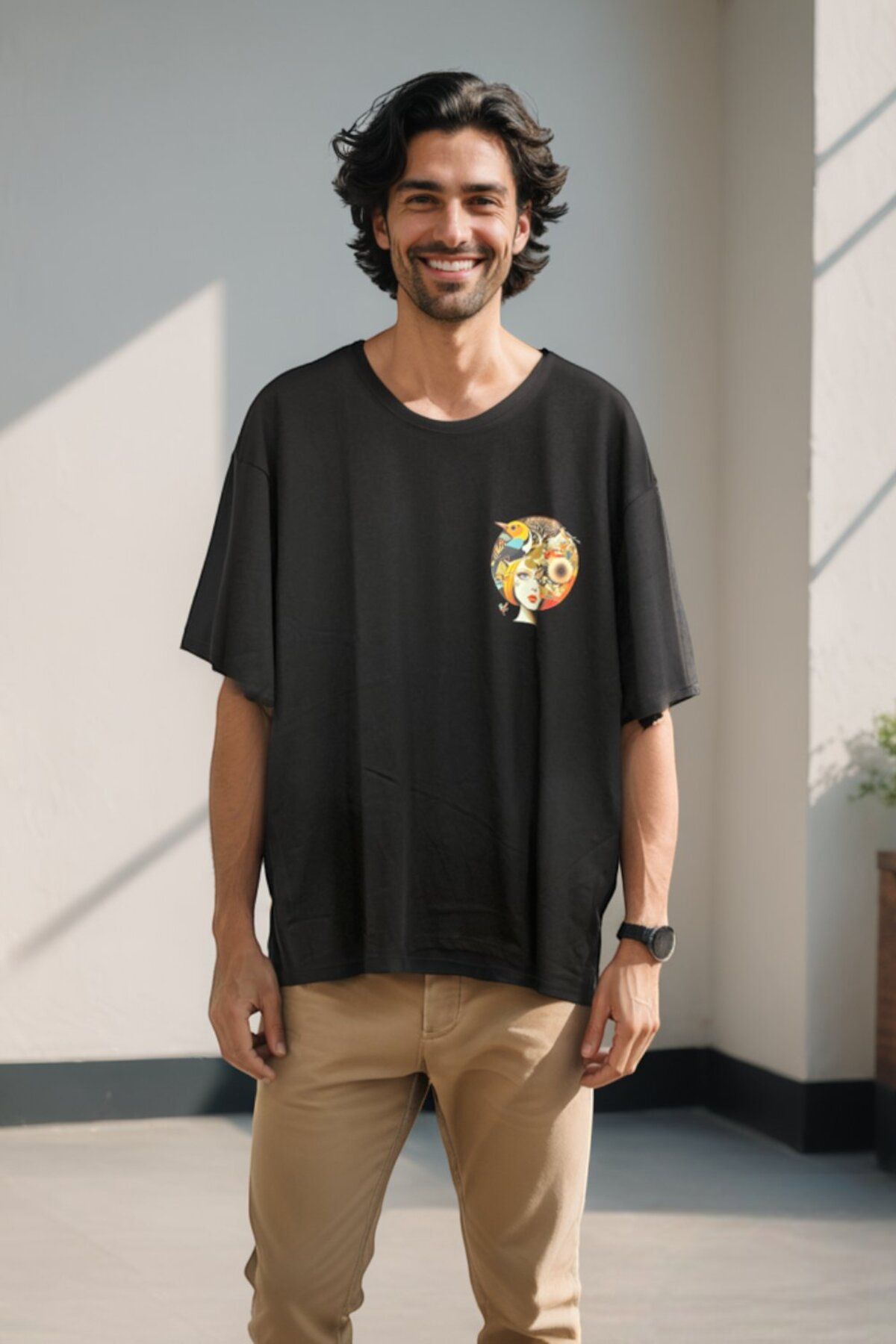 CANMODA Bird Face Oversize Tişört - Siyah