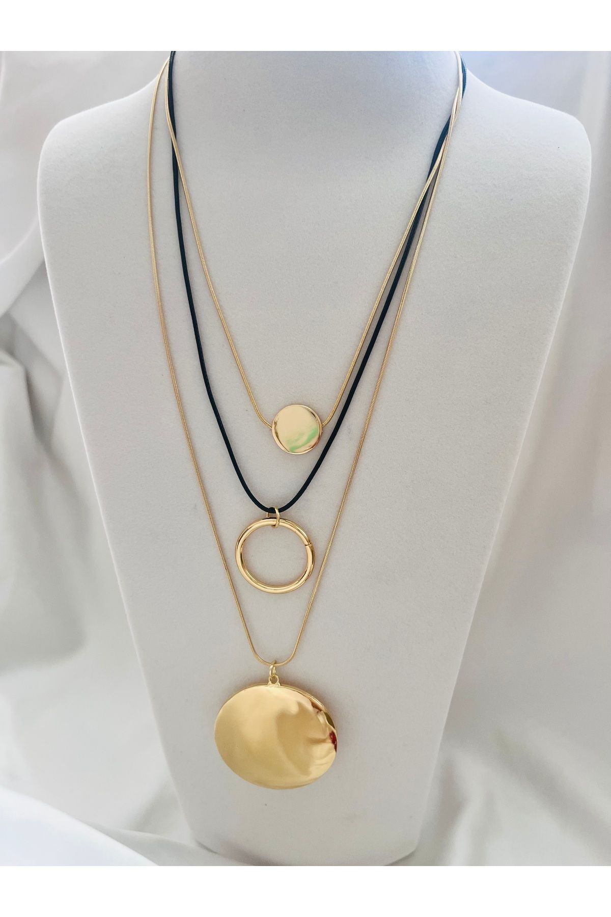 COCOSH TAKI Gold siyah çoklu uzun zincir yuvarlak detaylı modern tasarım kolye