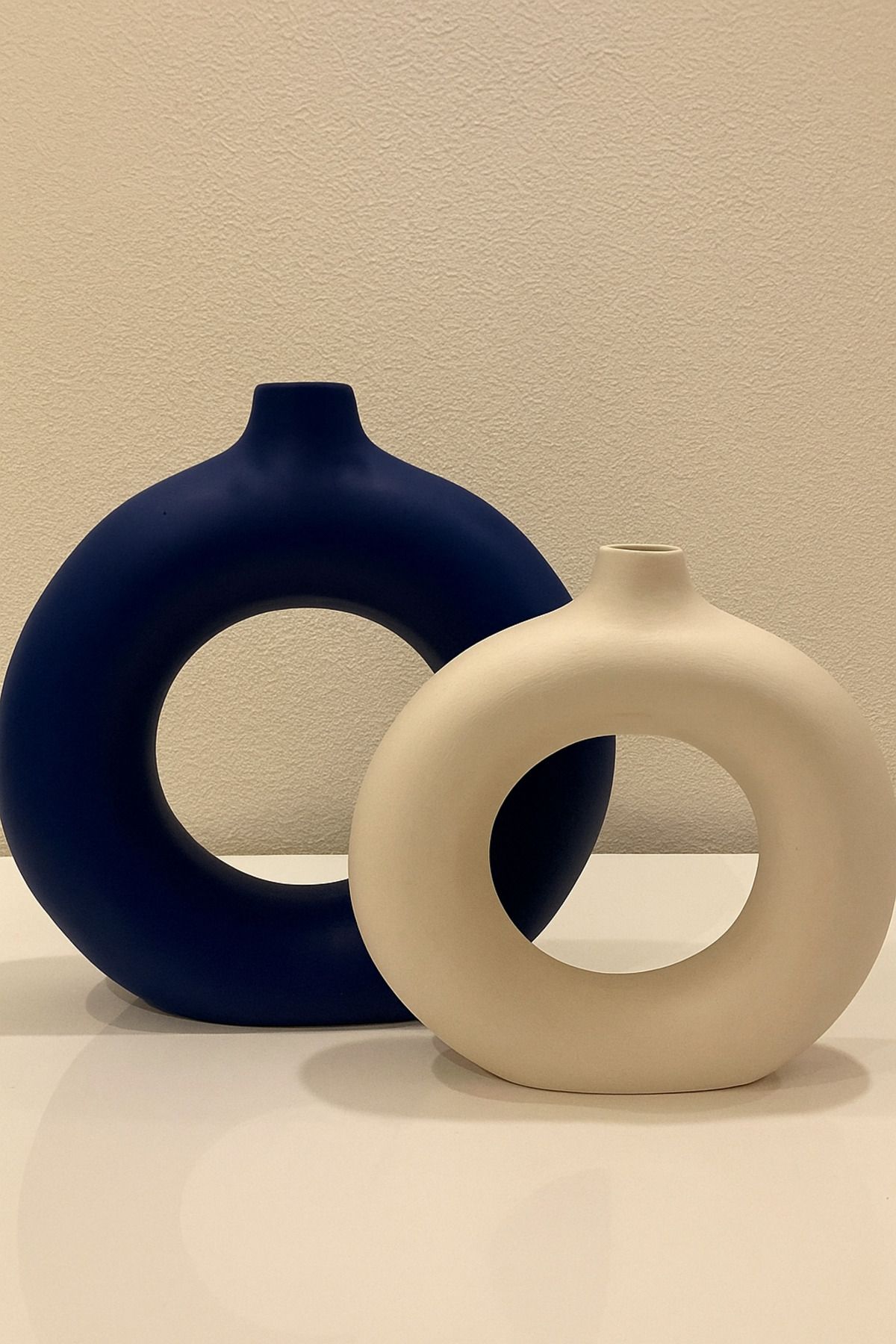 Mareda Dekoratif Bohem halka vazo set(Büyük 19x20 ,Küçük 14x15),Lacivert-Krem