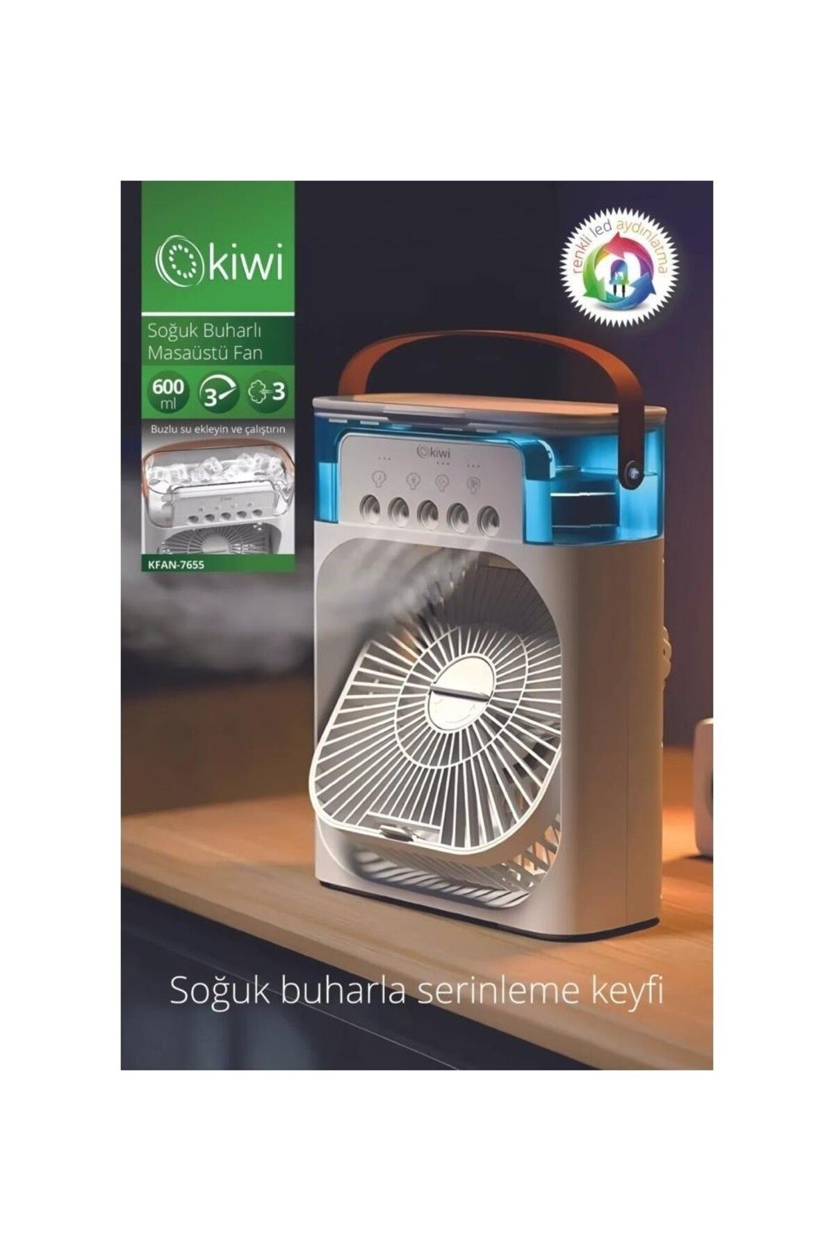 Kivi KFAN-7655 3'ü 1 Arada Nemlendirici, Gece Lambası ve Soğuk Buharlı Masa Tipi Fan