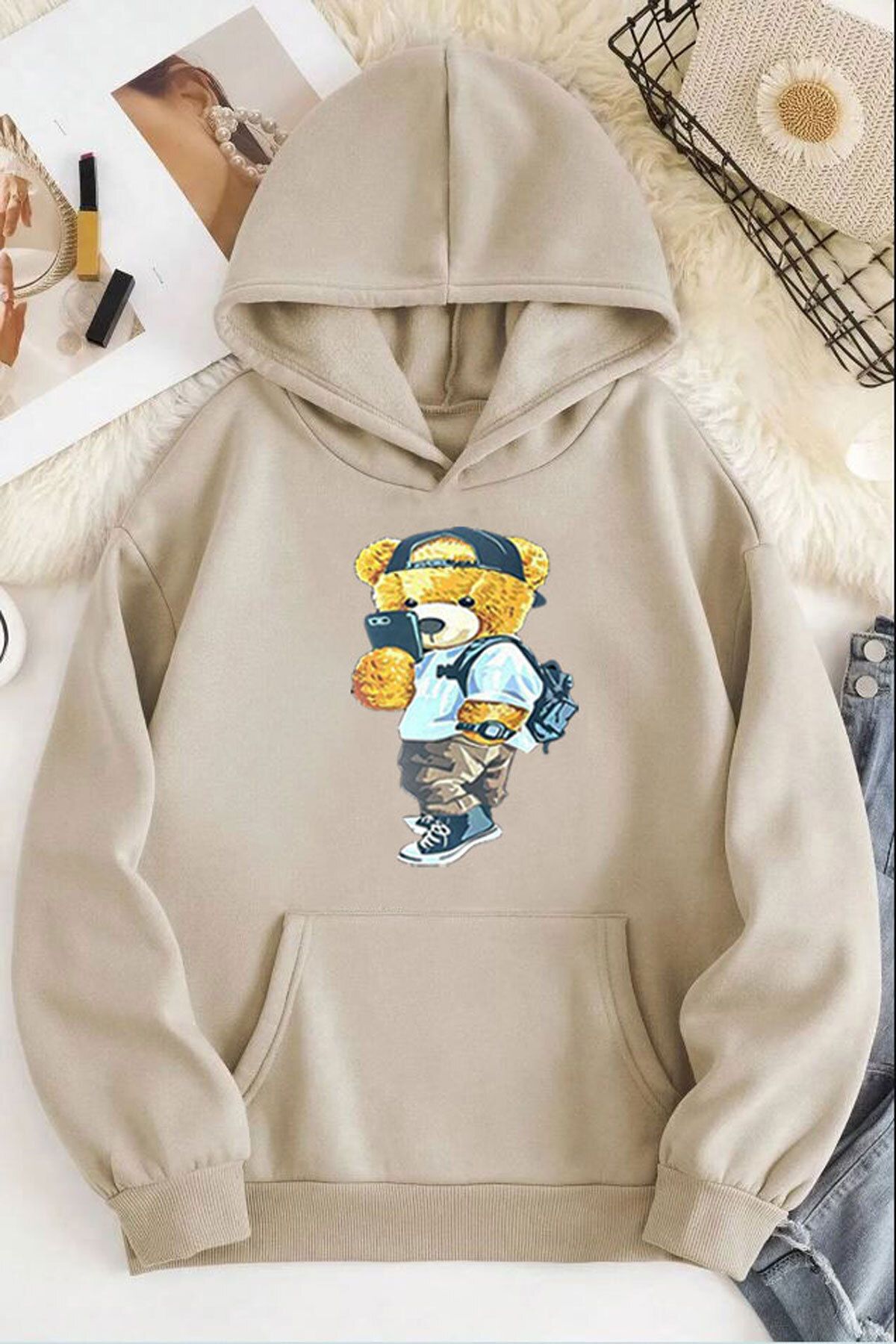 ModaSphere Peluş Ayı Baskılı Kapüşonlu Sweatshirt