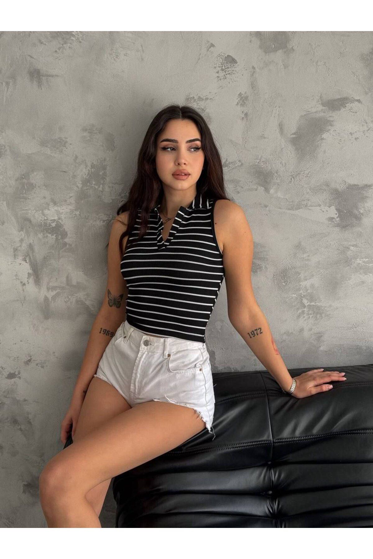 Elmas butik ELMAS Kadın burgu kumaş çizgili polo yaka sıfır kol crop
