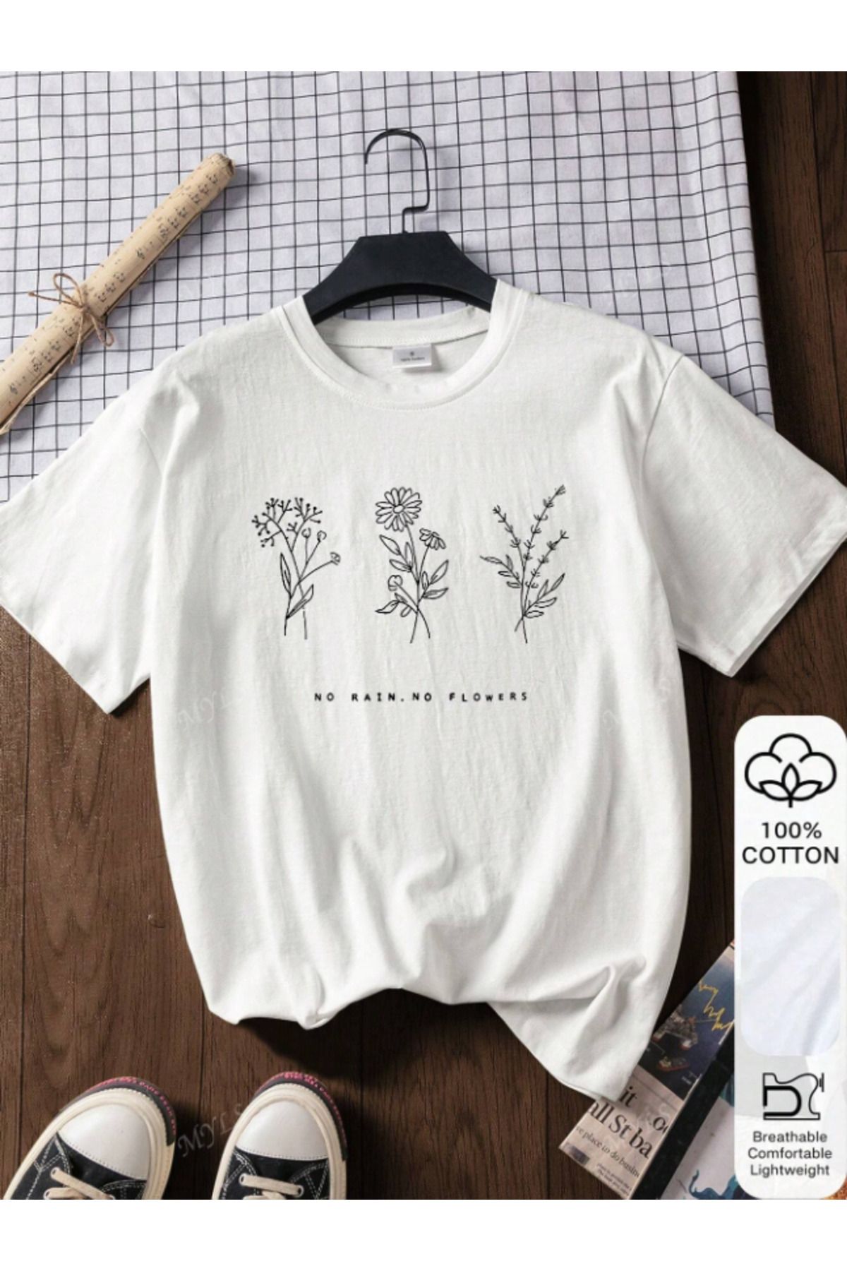 Framgan Kadın/Erkek YAĞMUR YOKSA ÇİÇEK YOK Baskılı Günlük Kısa Kollu Pamuklu T-Shirt