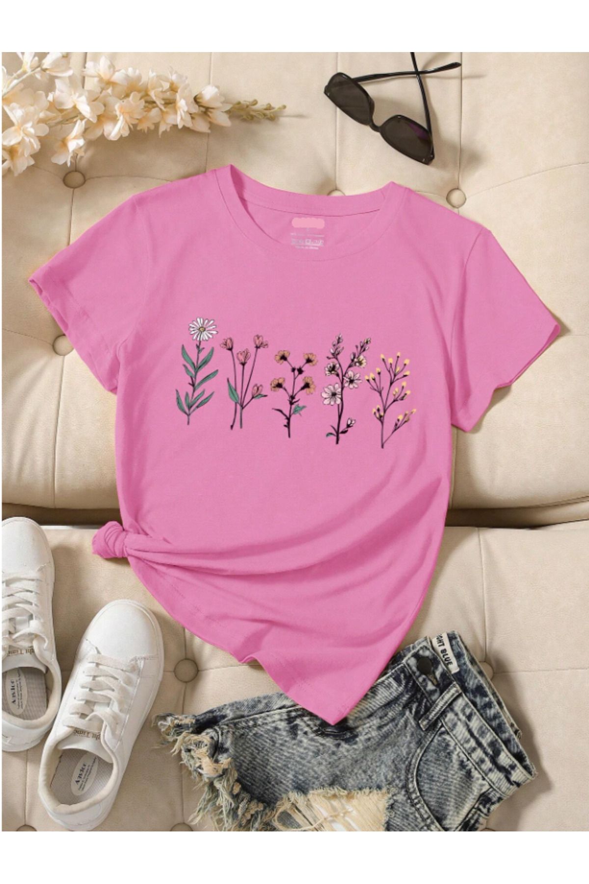 Framgan Kadın/Erkek ÇİÇEK Özel Baskılı Günlük Kısa Kollu Pamuklu T-Shirt