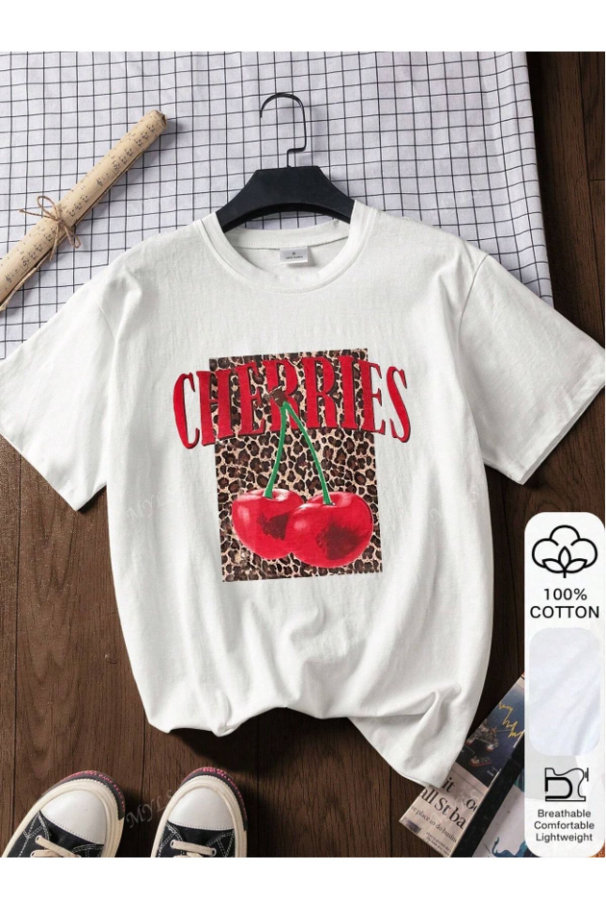 Framgan Kadın/Erkek LEOPAR CHERRİES KİRAZ Baskılı Günlük Kısa Kollu Pamuklu T-Shirt