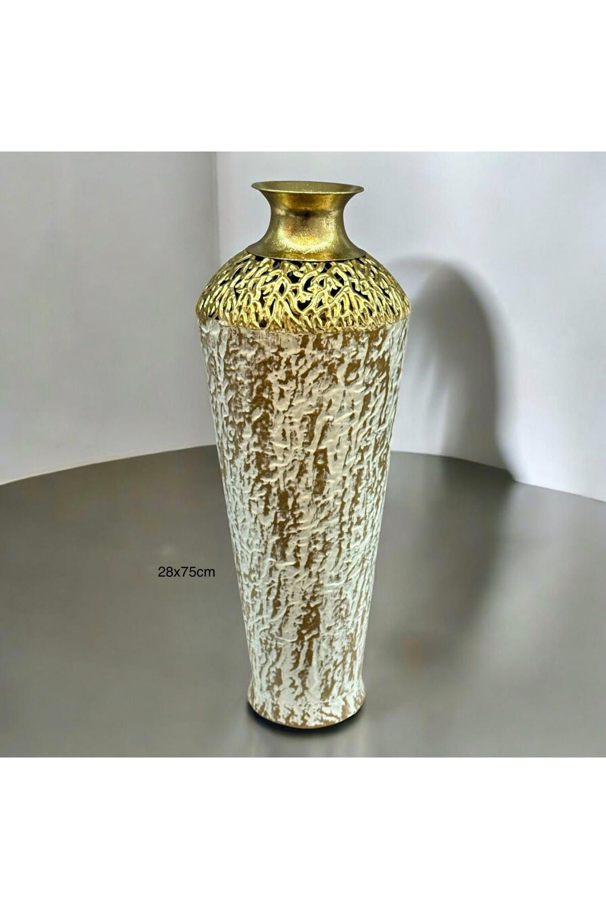 Hinora Gold Beyaz Detaylı Şık Eskitme Model Vazo Büyük Boy 28x75cm