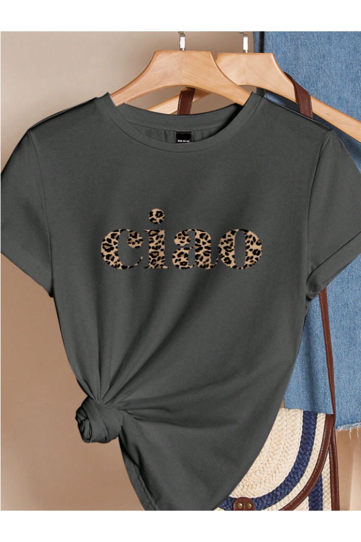 Framgan Kadın/Erkek LEOPAR DETAY CİAO Baskılı Günlük Kısa Kollu Pamuklu T-Shirt