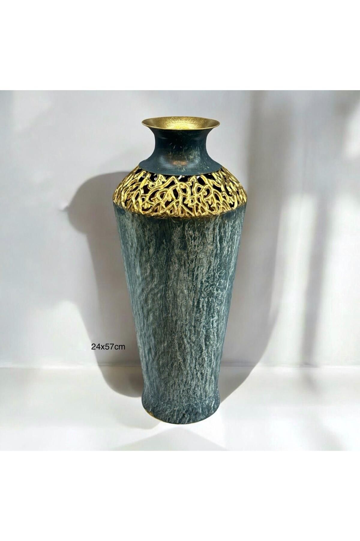 Hinora Mavi Eskitme Gold Detaylı Şık Vazo Dekoratif Süs 24x57cm
