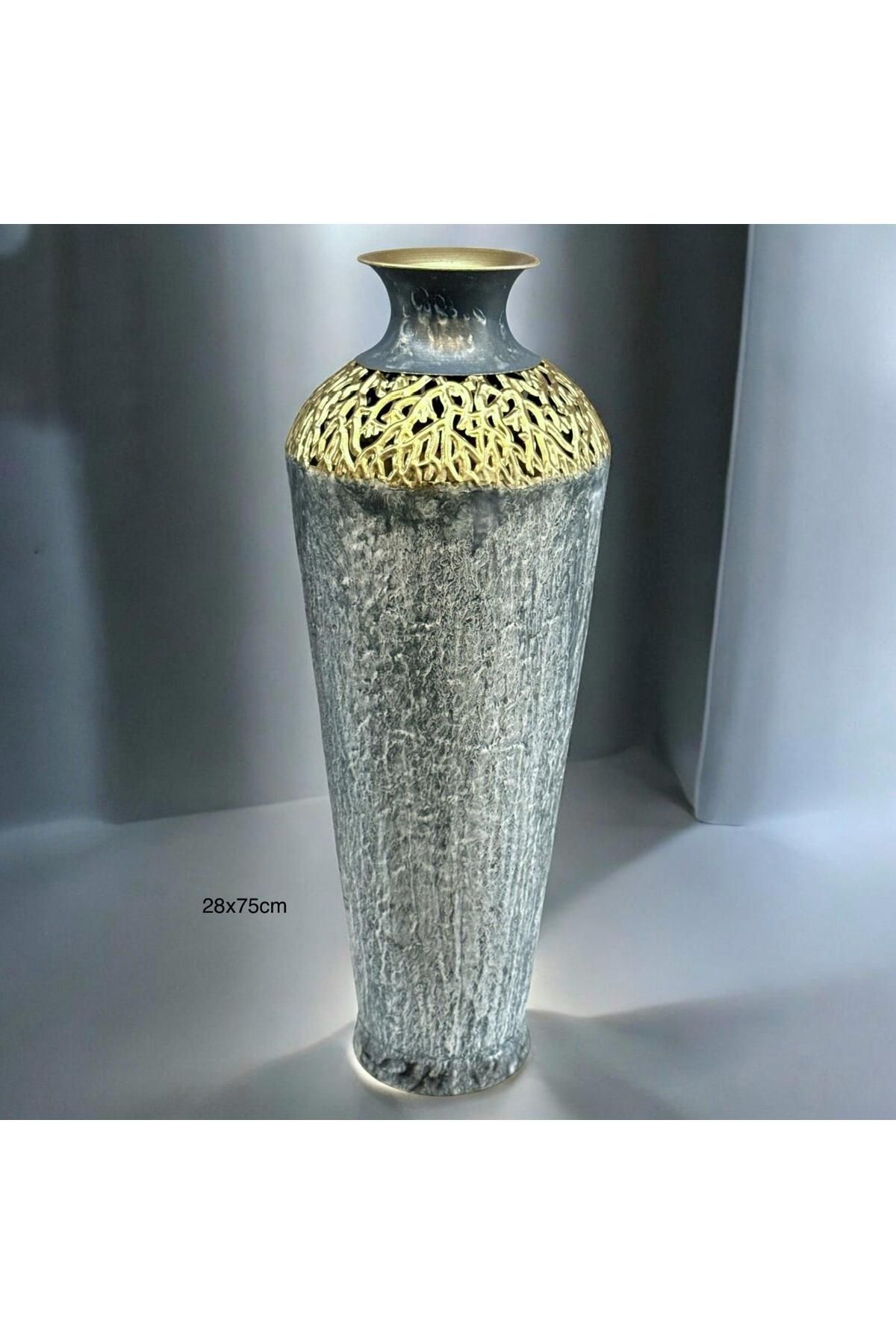 Hinora Mavi Eskitme Gold Detaylı Şık Vazo Dekoratif Süs Büyük Boy 28x75cm