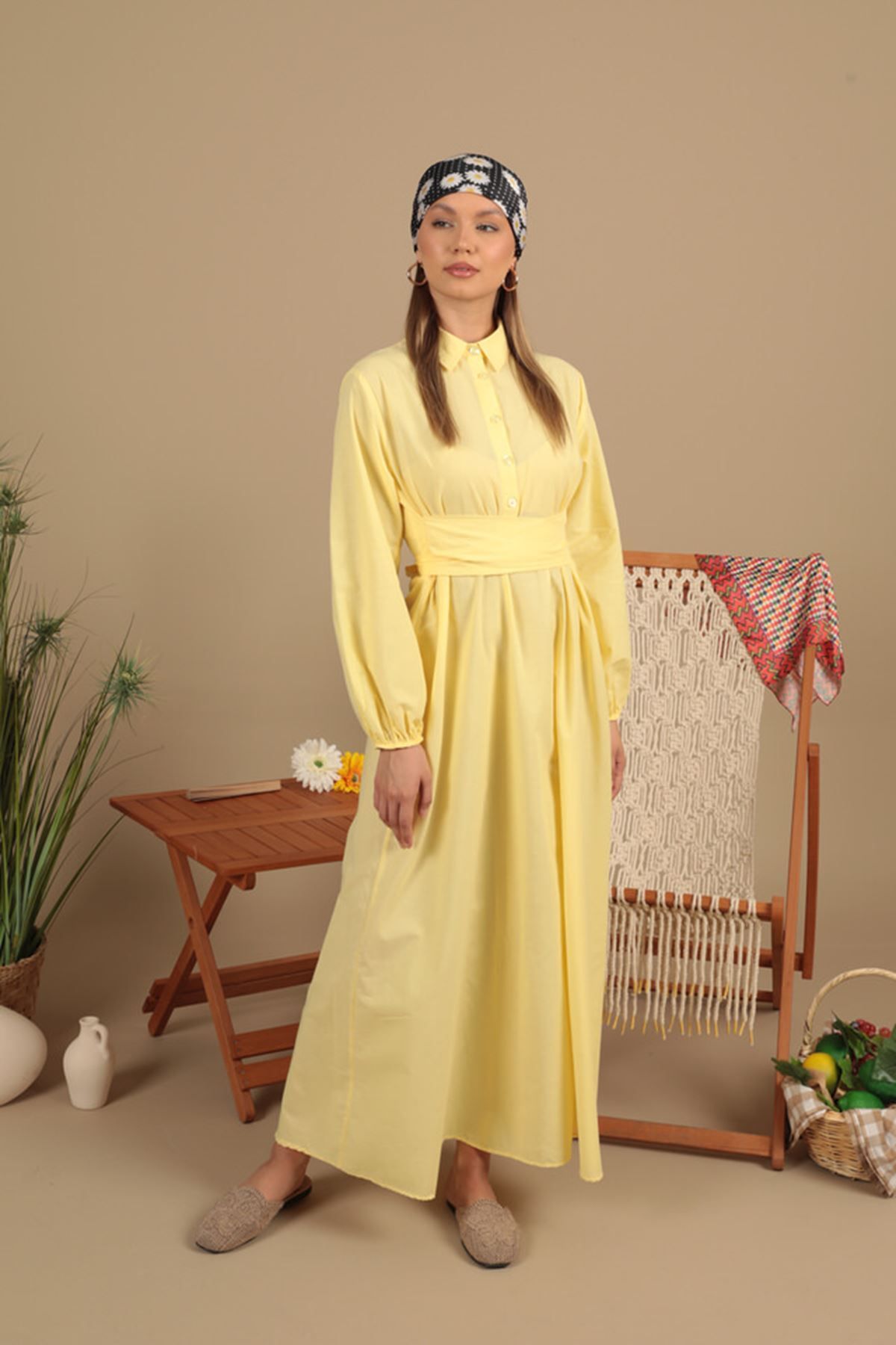 blueb Poplin Kumaş Bağlama Detaylı Elbise-Sarı