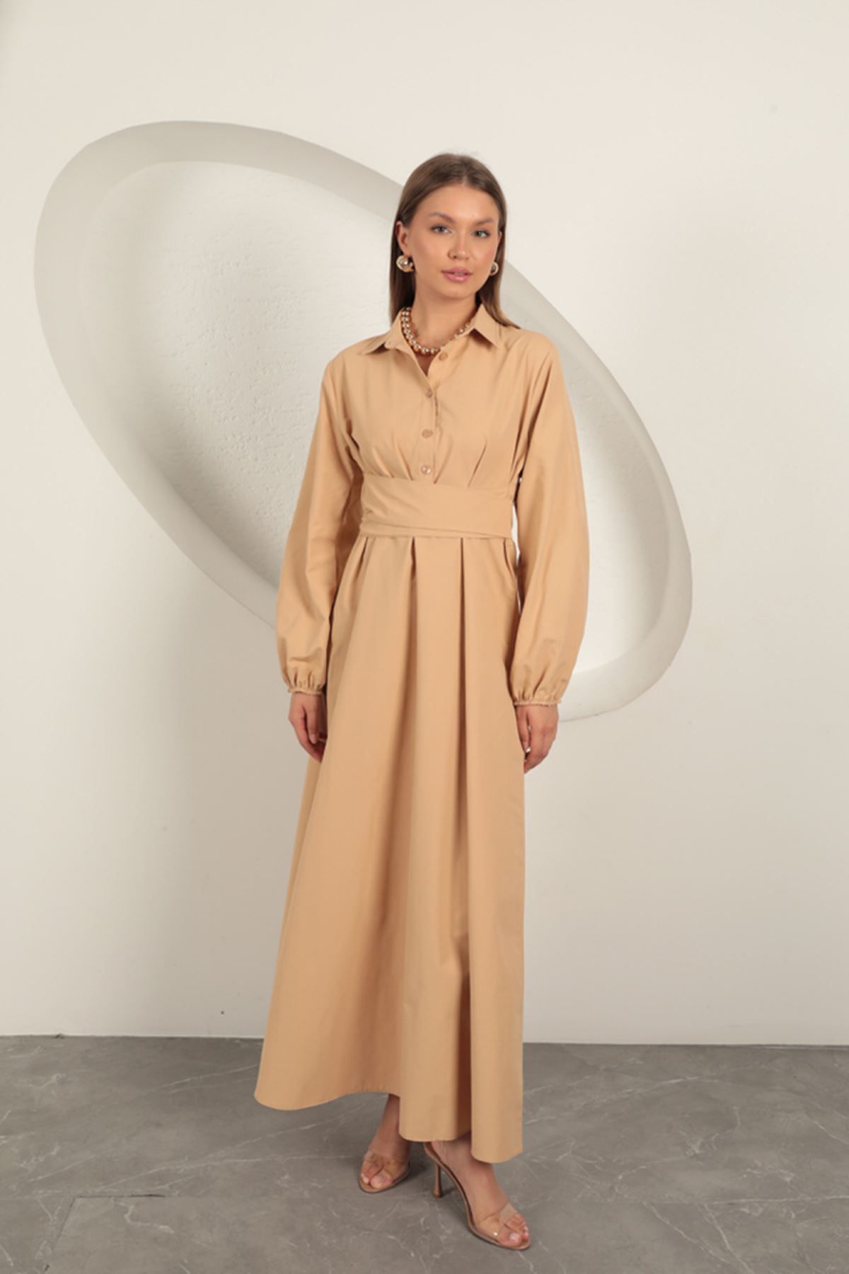 blueb Poplin Kumaş Bağlama Detaylı Elbise-Taba