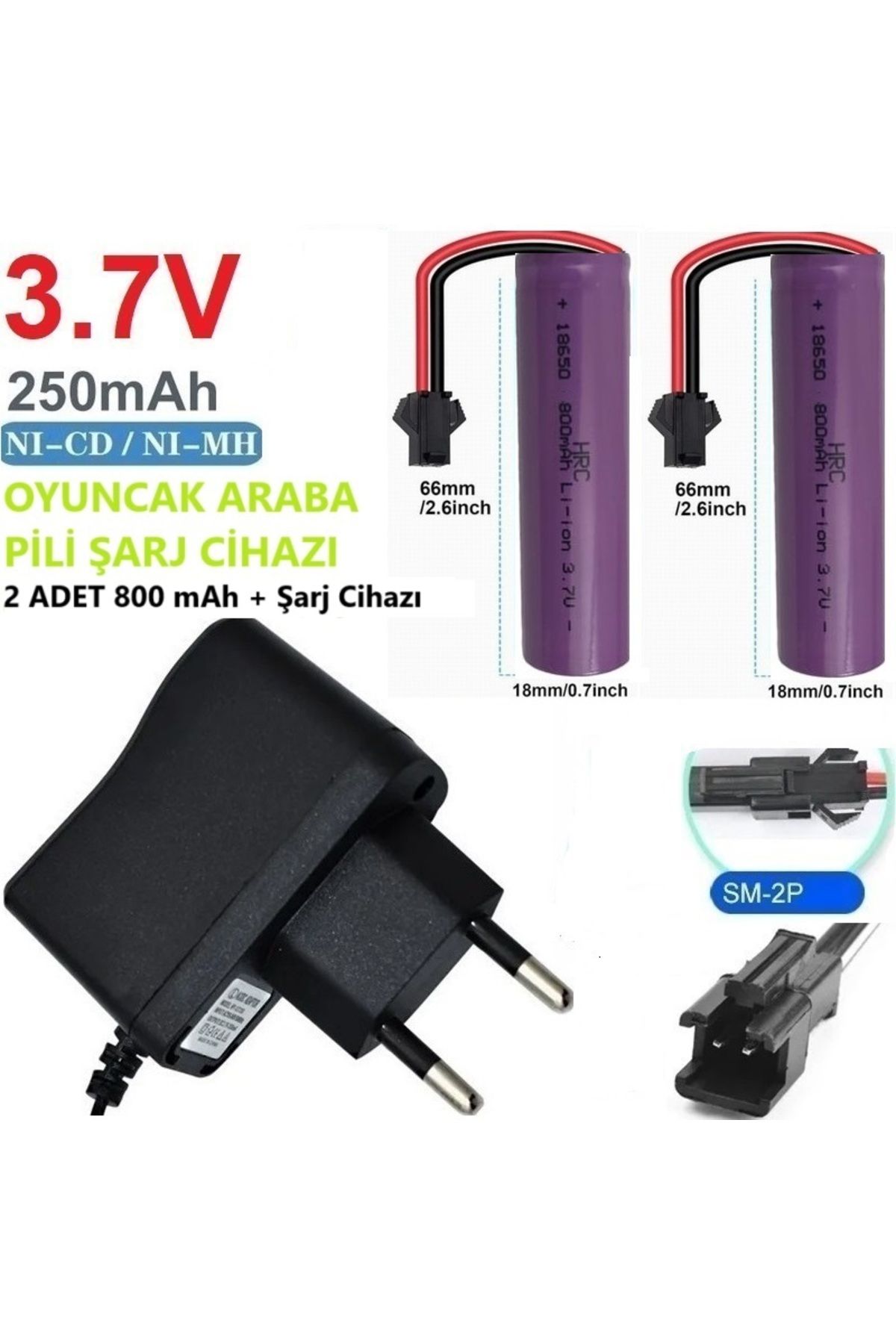 Day Oyuncak Araba Pili Şarj Cihazı + 2 ADET 800 mAh 3.7V 18650 Li-Ion Pil