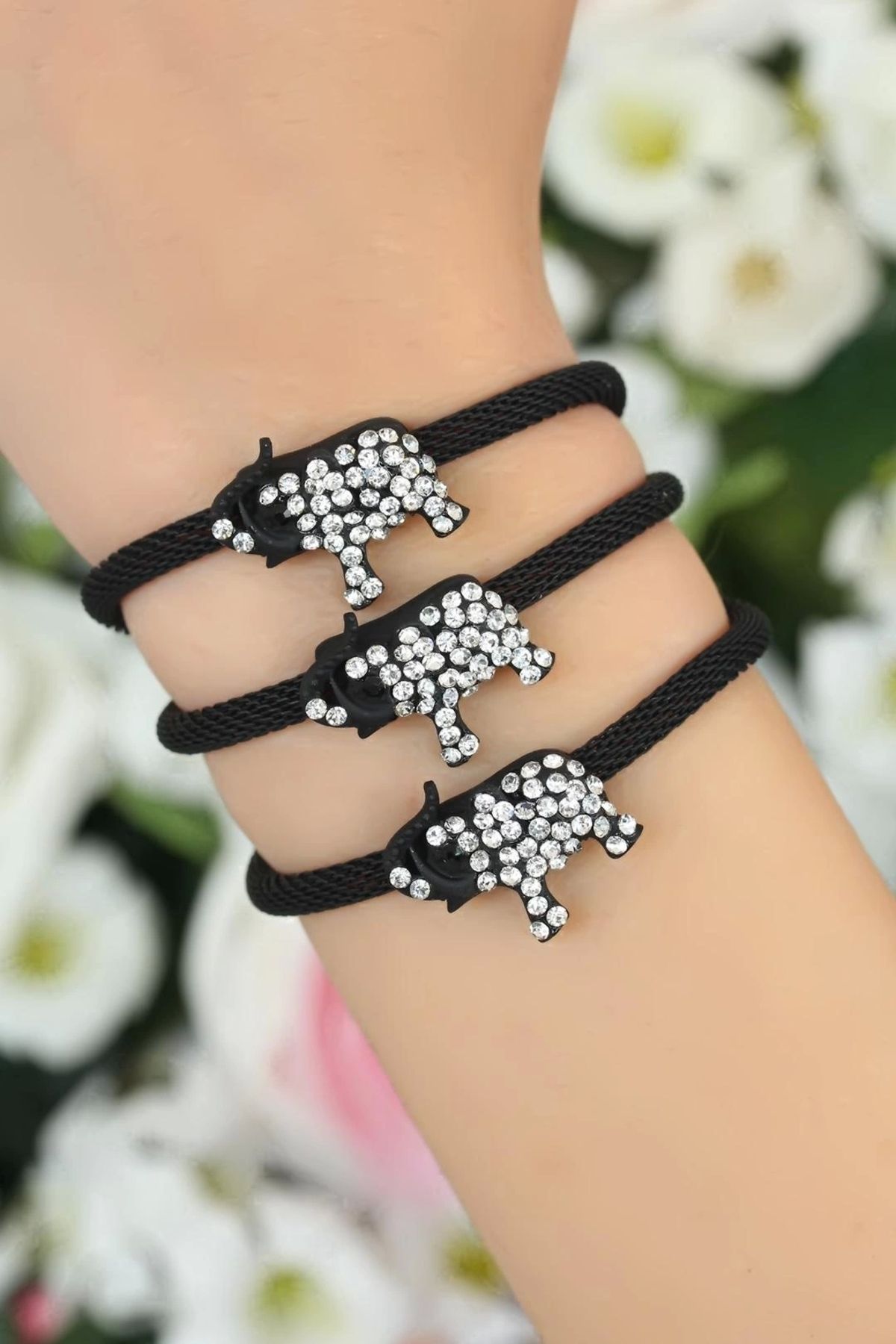 GLIMMERY Siyah Zirkon Taşlı Fil Aksesuarlı Metal Bileklik