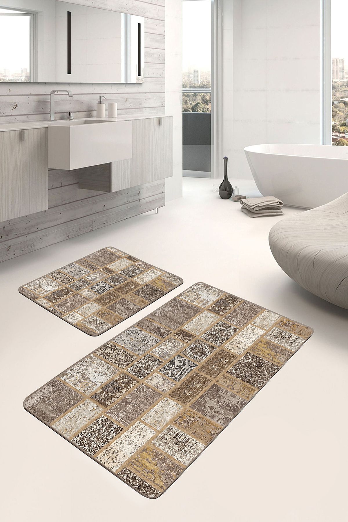 Realhomes Kahverengi Zeminde Patchwork Motifli Yöresel Etnik Motifler Klasik 2'li Banyo & Mutfak Paspas Takımı