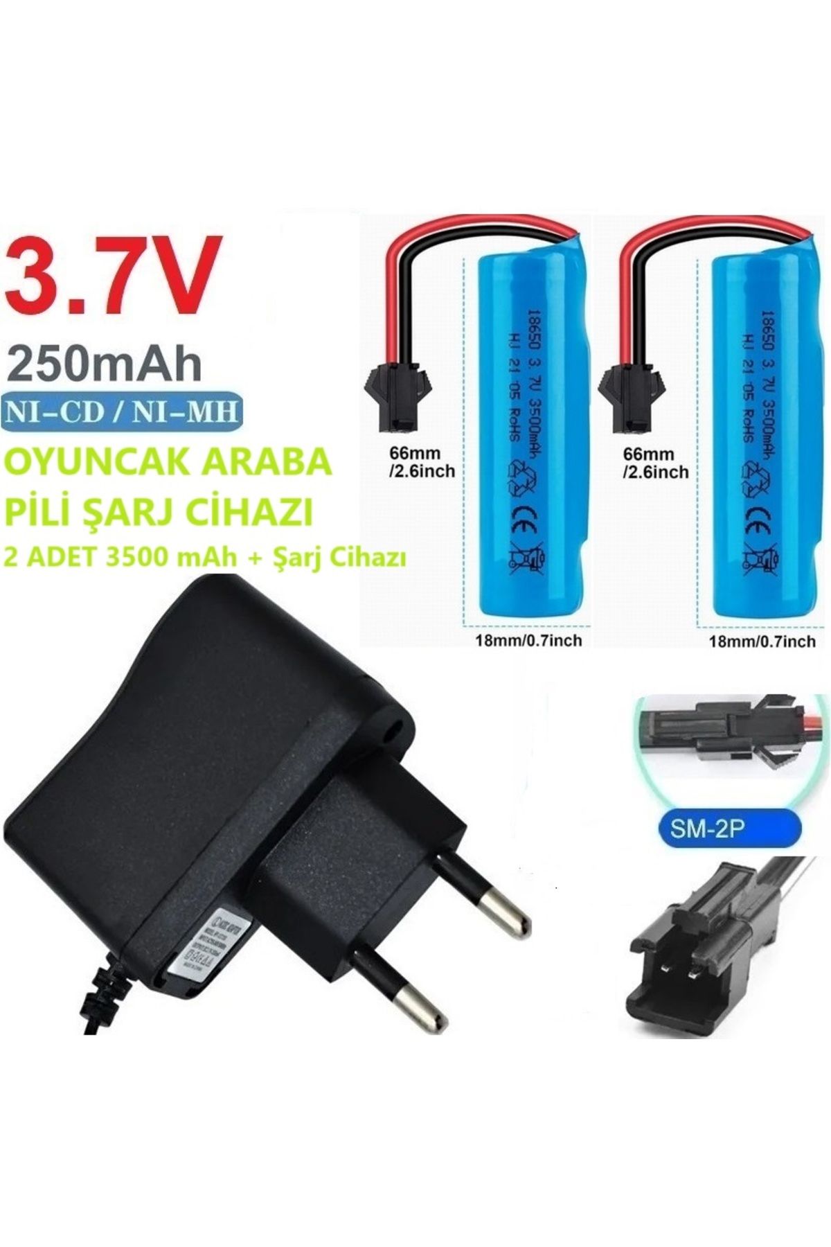 Day Oyuncak Araba Pili Şarj Cihazı + 2 ADET 3500 mAh 3.7V 18650 Li-Ion Pil
