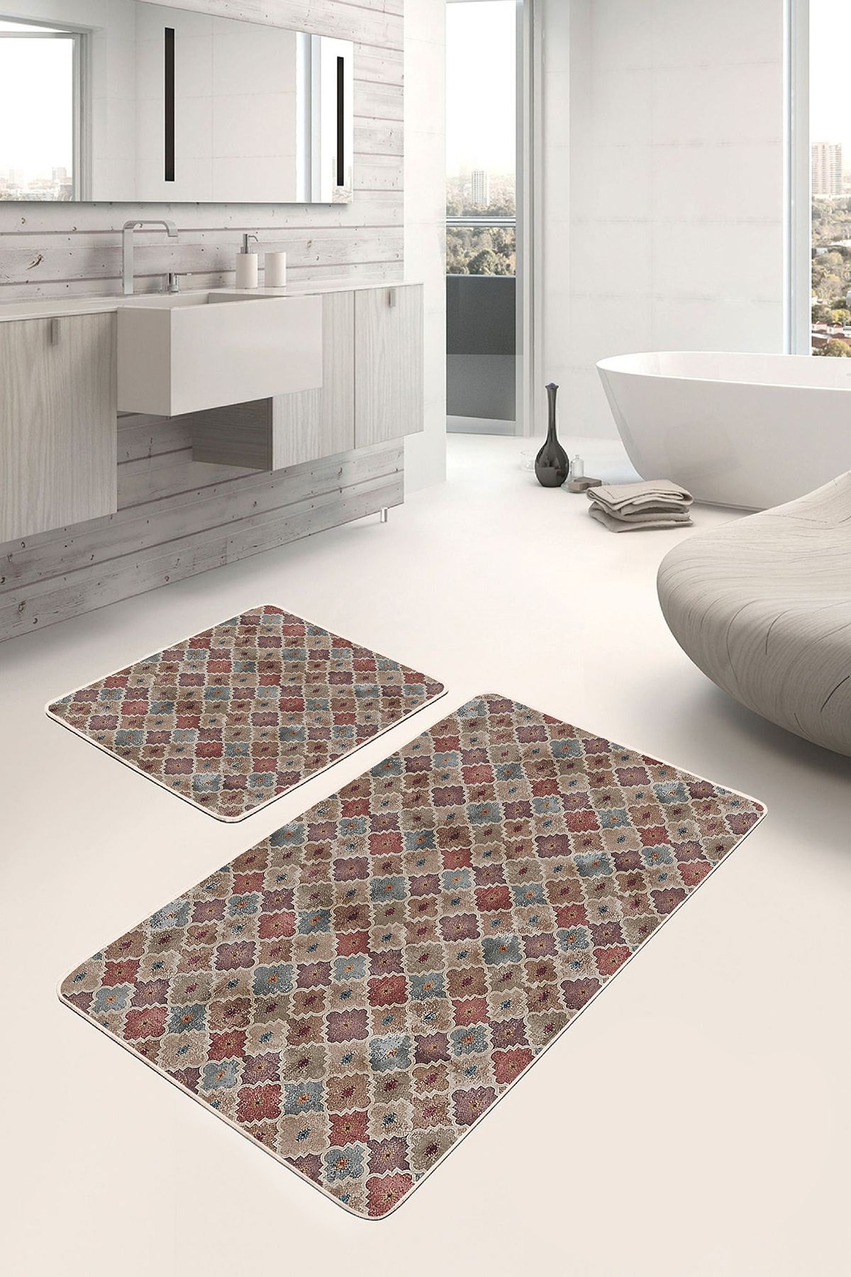 Realhomes Kahverengi Zeminde Morrocan Motifli Etnik Geometrik Etnik Motifler 2'li Banyo & Mutfak Paspas Takımı
