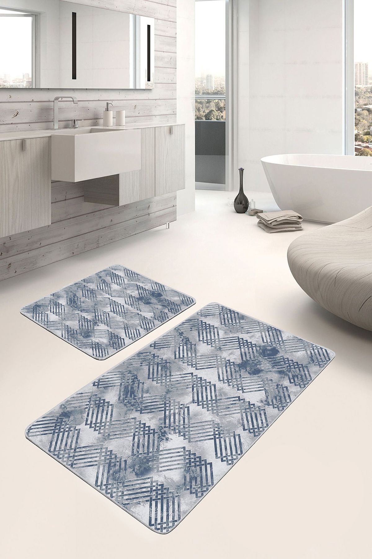 Realhomes 2'li Set Mavi - Gri Zeminde Geometrik Motifli Eskitme Klasik Geometrik 2'li Banyo Paspas Takımı