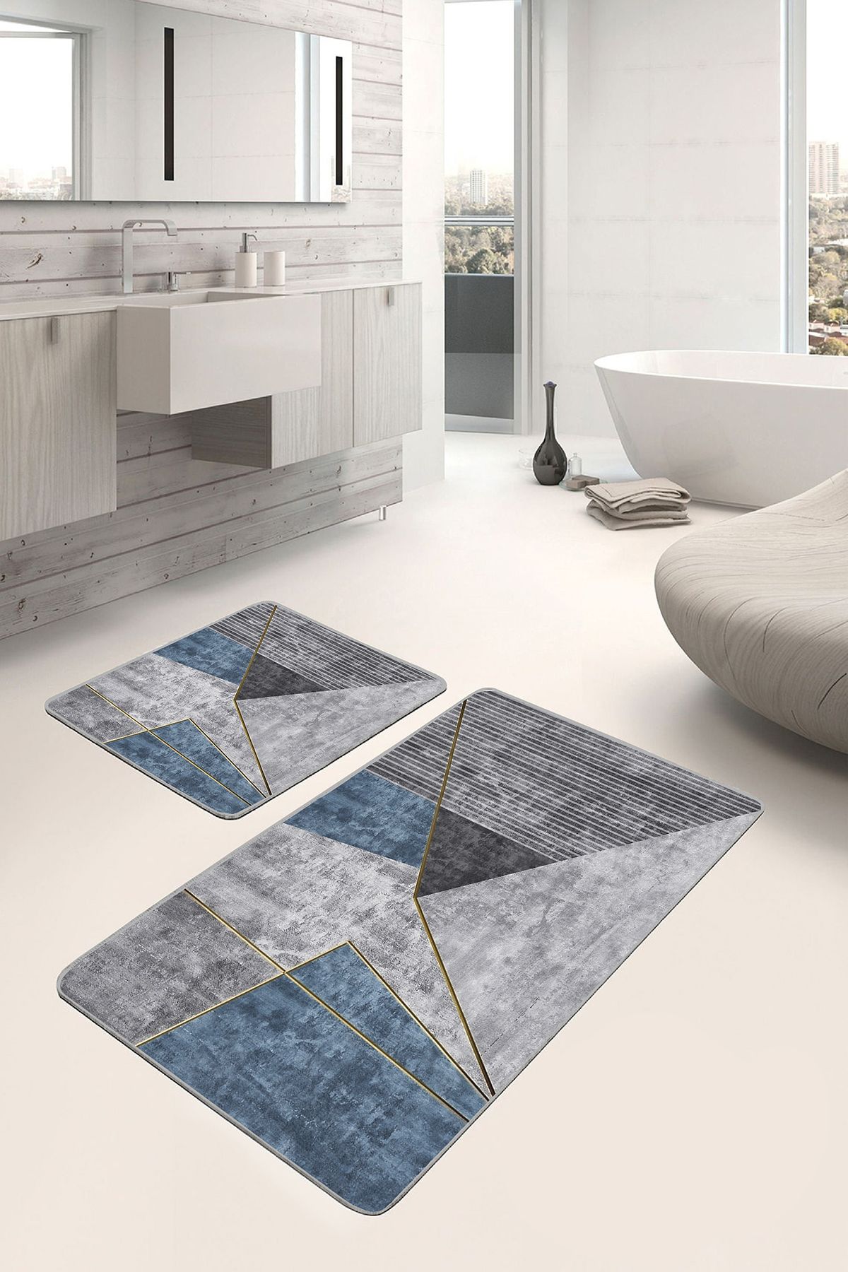 Realhomes 2'li Set Gri - Mavi Zeminde Geometrik Motifli Gold Desenli Geometrik Modern 2'li Banyo Paspas Takımı