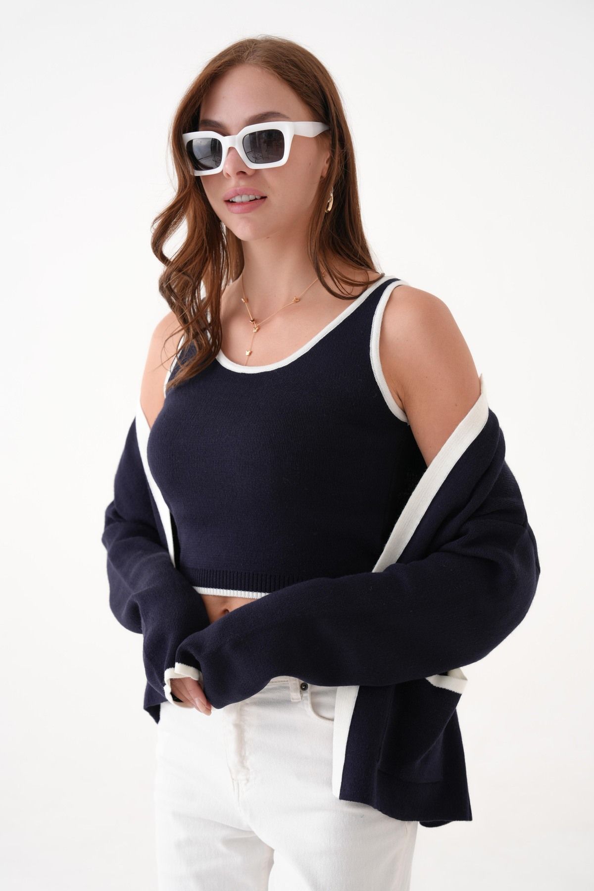Knitwear Time Kadın Lacivert Kontrast Çizgili Triko Bluz- Hırka Takım TT000HB