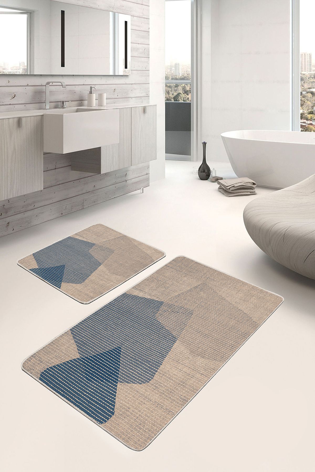 Realhomes 2'li Bej Zeminde Hasır Motifli Dokuma Desenli Sade & Şık Vintage 2'li Banyo & Mutfak Paspas Takımı
