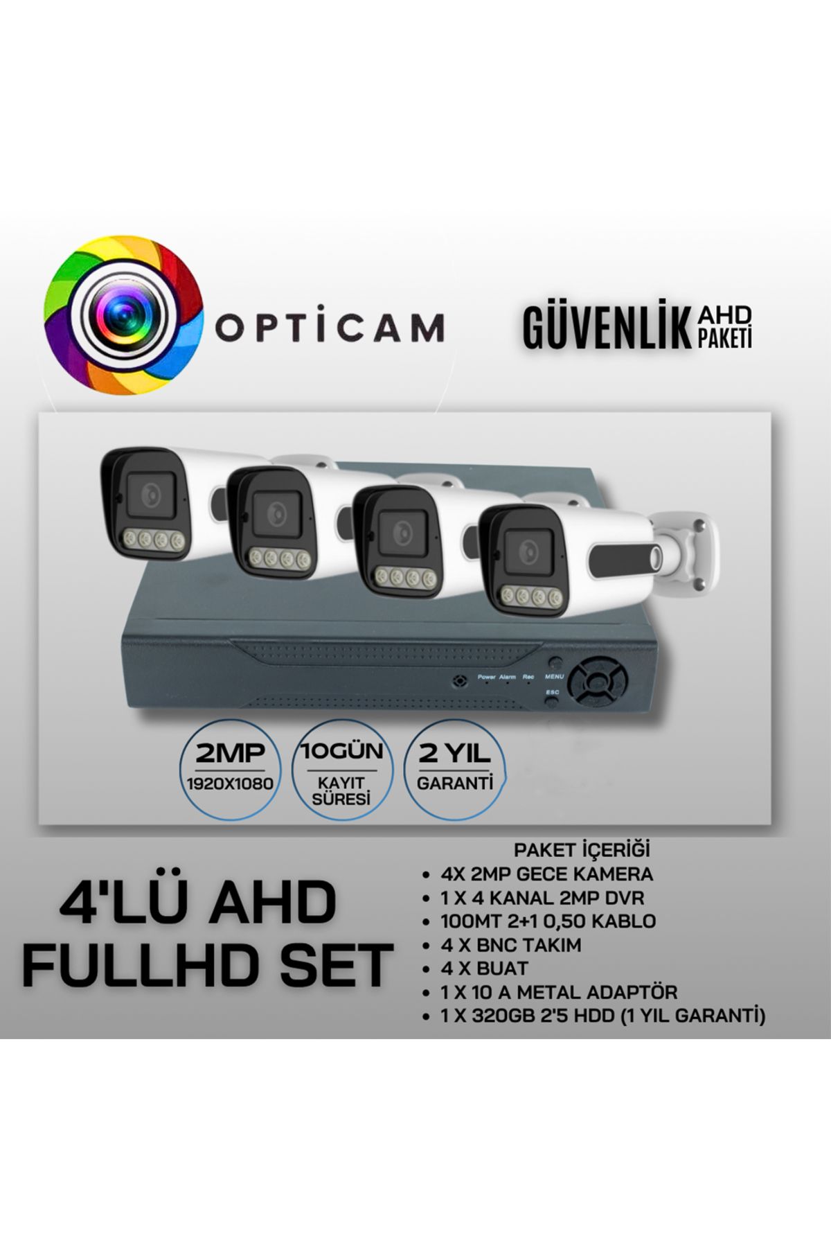 Opticam 4 KAMERALI ARRAY LED GECE SİYAH BEYAZ SU GEÇİRMEZ GÜVENLİK KAMERA SETİ 320GB DEPOLAMA 100 METREKABLO