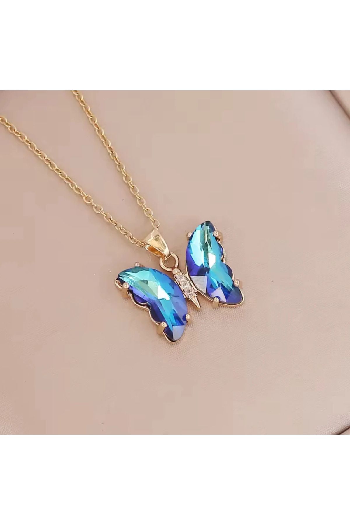 DHDmoda Kadın Mavi Taşlı Kelebek Gold Kolye