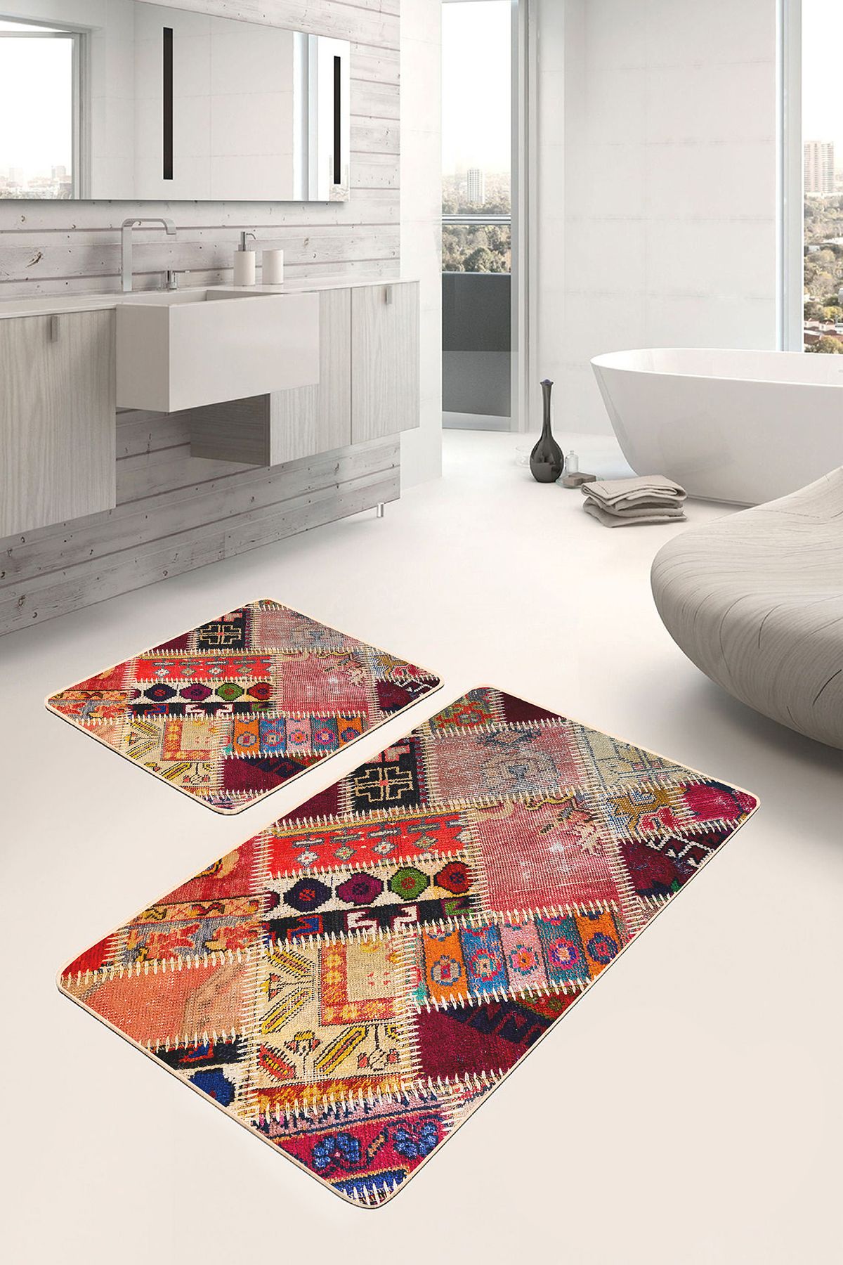 Realhomes Kırmızı Zeminde Patchwork Motifli Kırkyama Vintage Etnik Motifler 2'li Banyo & Mutfak Paspas Takımı