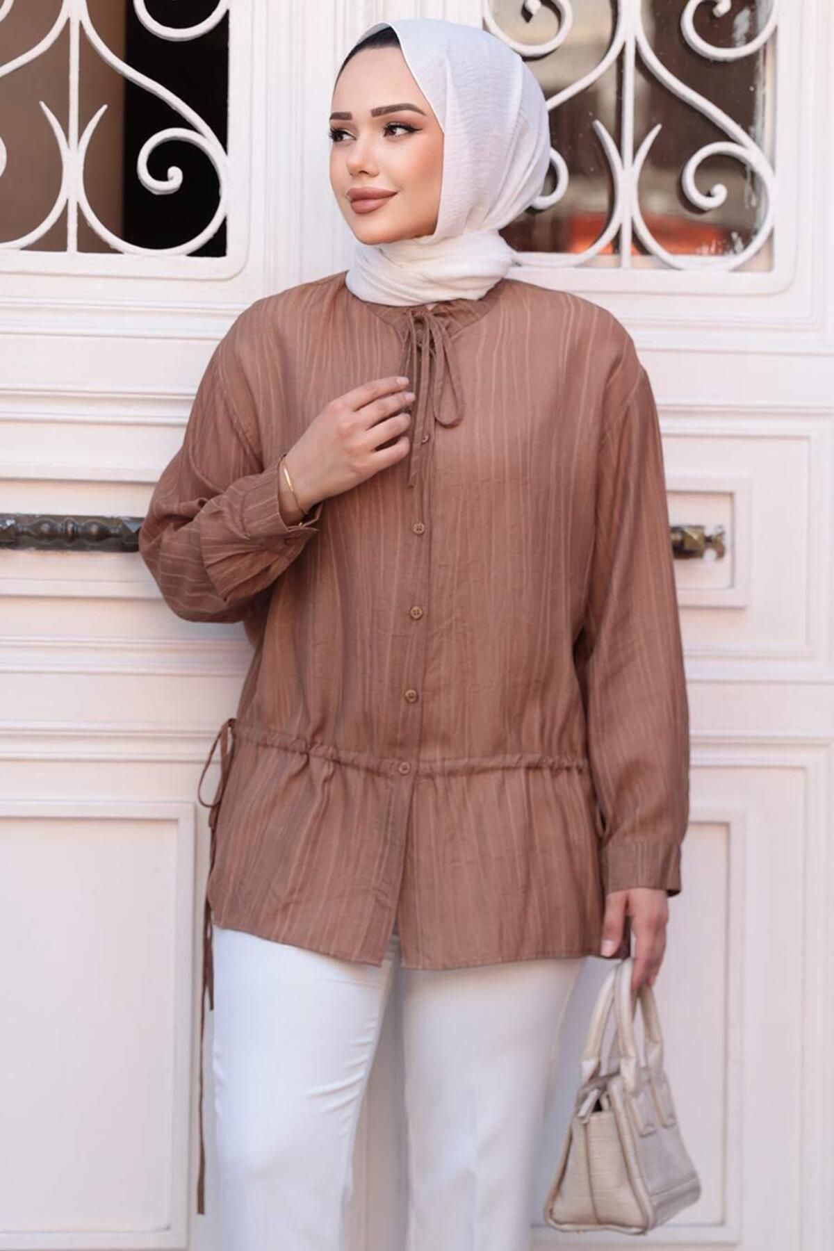 N.S NEVA STYLE Düğmeli Kahverengi Tesettür Gömlek 32358KH