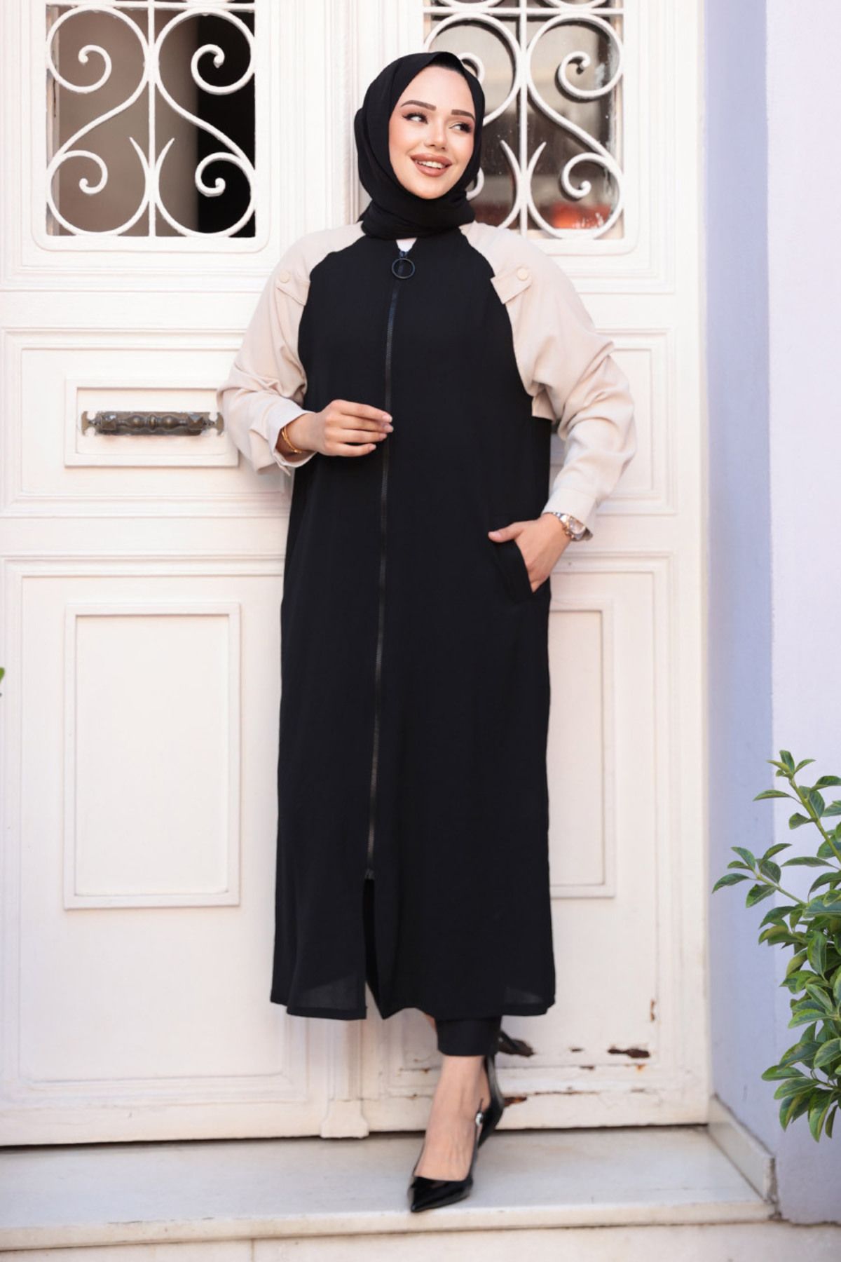 N.S NEVA STYLE Blok Renkli Siyah Tesettür Hırka 15200S