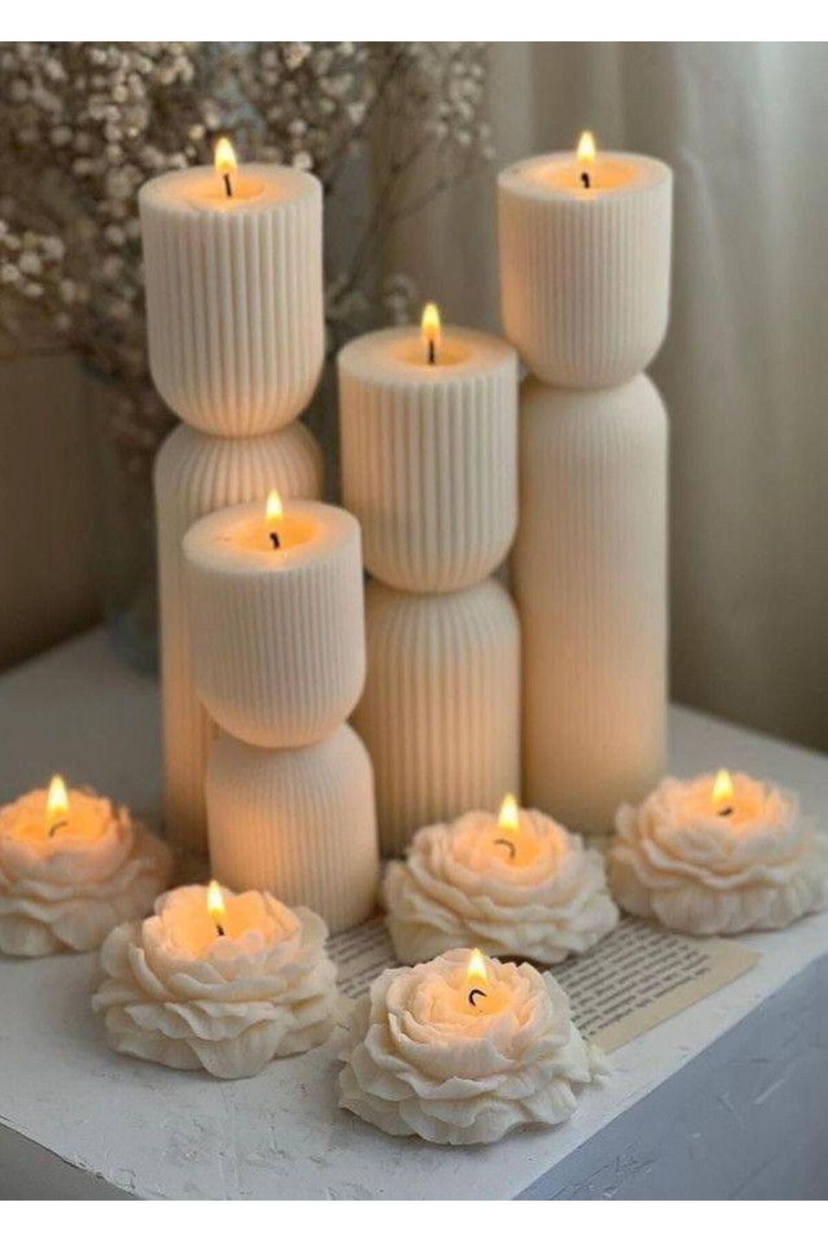 SCA CANDLE Dekoratif Mum Çok gen mum 20 Cm +15 +10 Cm + şakaik gül toplam 9 Parça