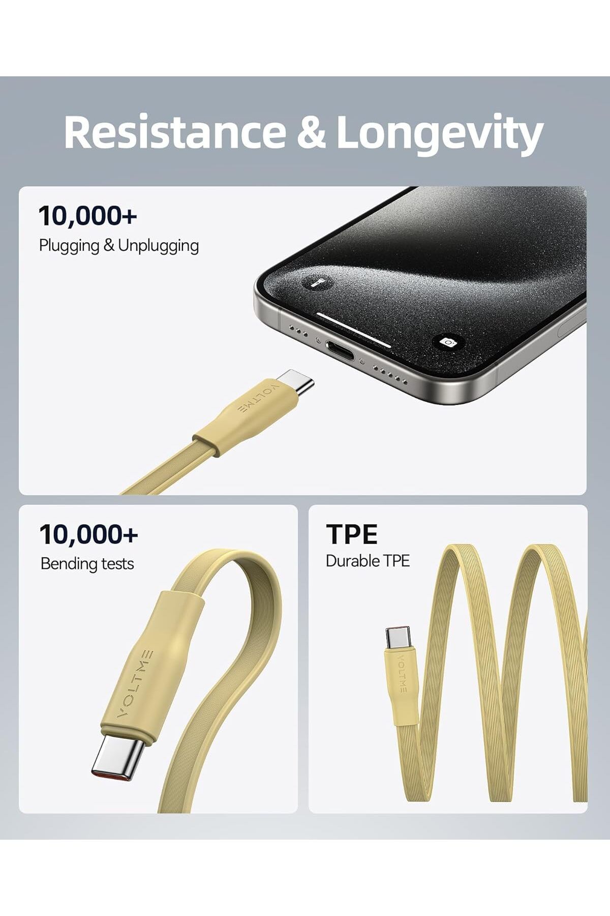 VOLTME-كابل USB C قابل للسحب بقوة 100 وات، بطول 1 متر، سلك شحن سريع PD 5A، USB C إلى USB C لسلسلة iPhone 16، 3