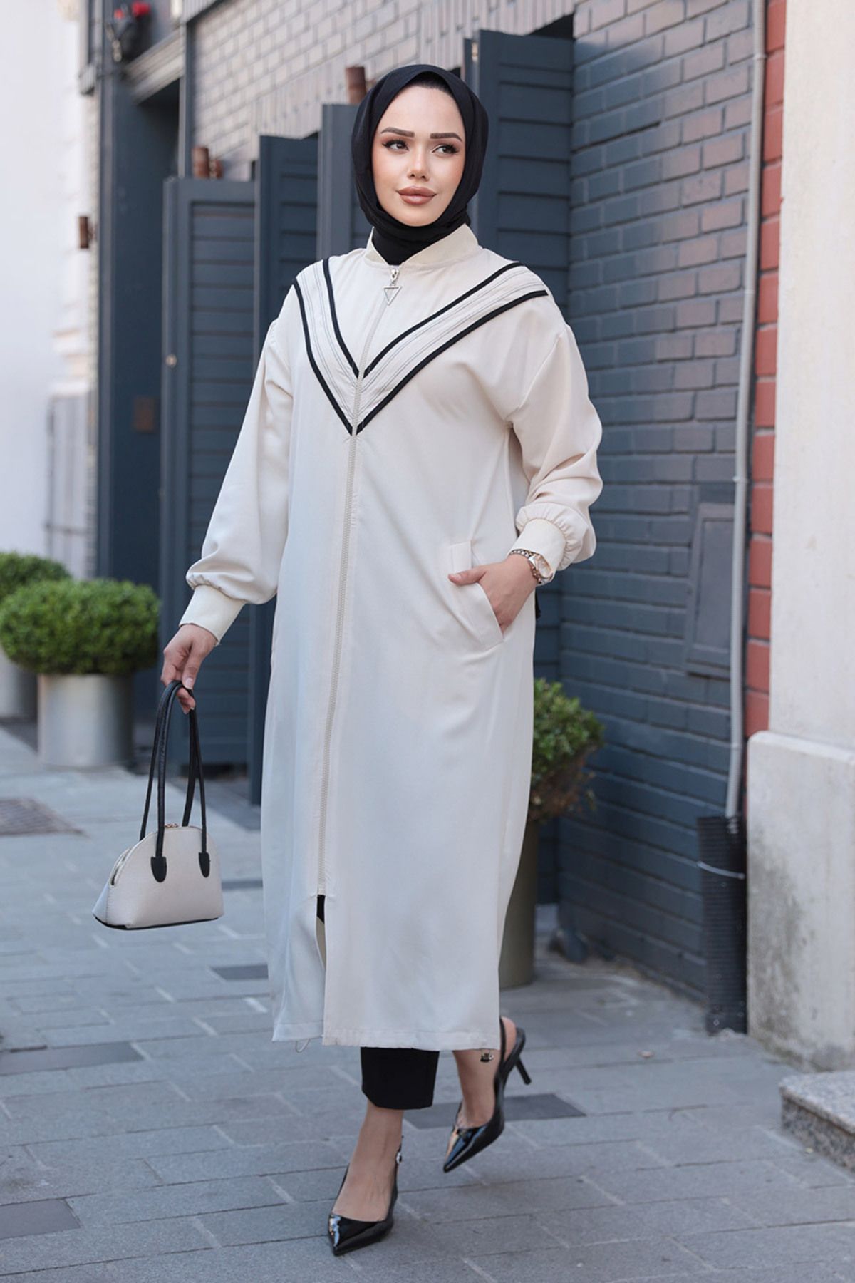 N.S NEVA STYLE Fermuarlı Bej Tesettür Hırka 15201BEJ