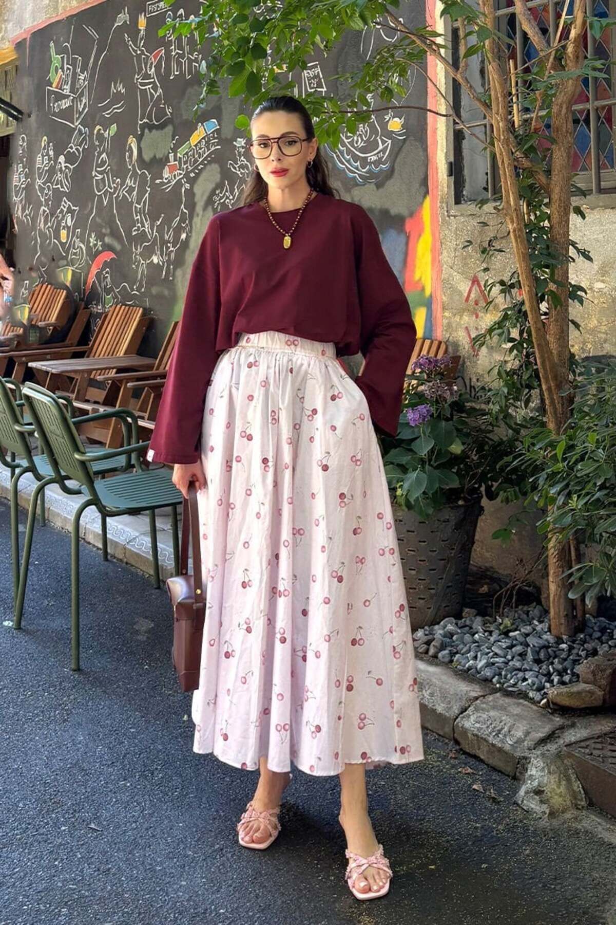 Ceylan Otantik Pembe Kiraz Desen Balon Etek
