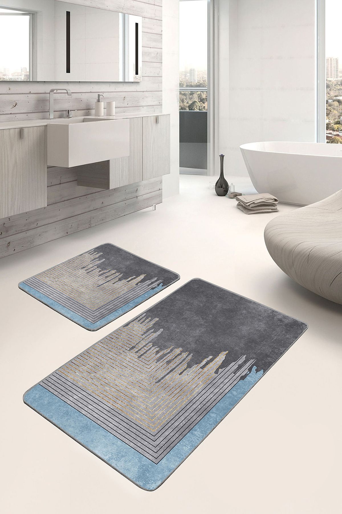 Realhomes Altın - Gri Zeminde Eskitme Motifli Geometrik Eskitme Motifli Geometrik 2'li Banyo Paspas Takımı